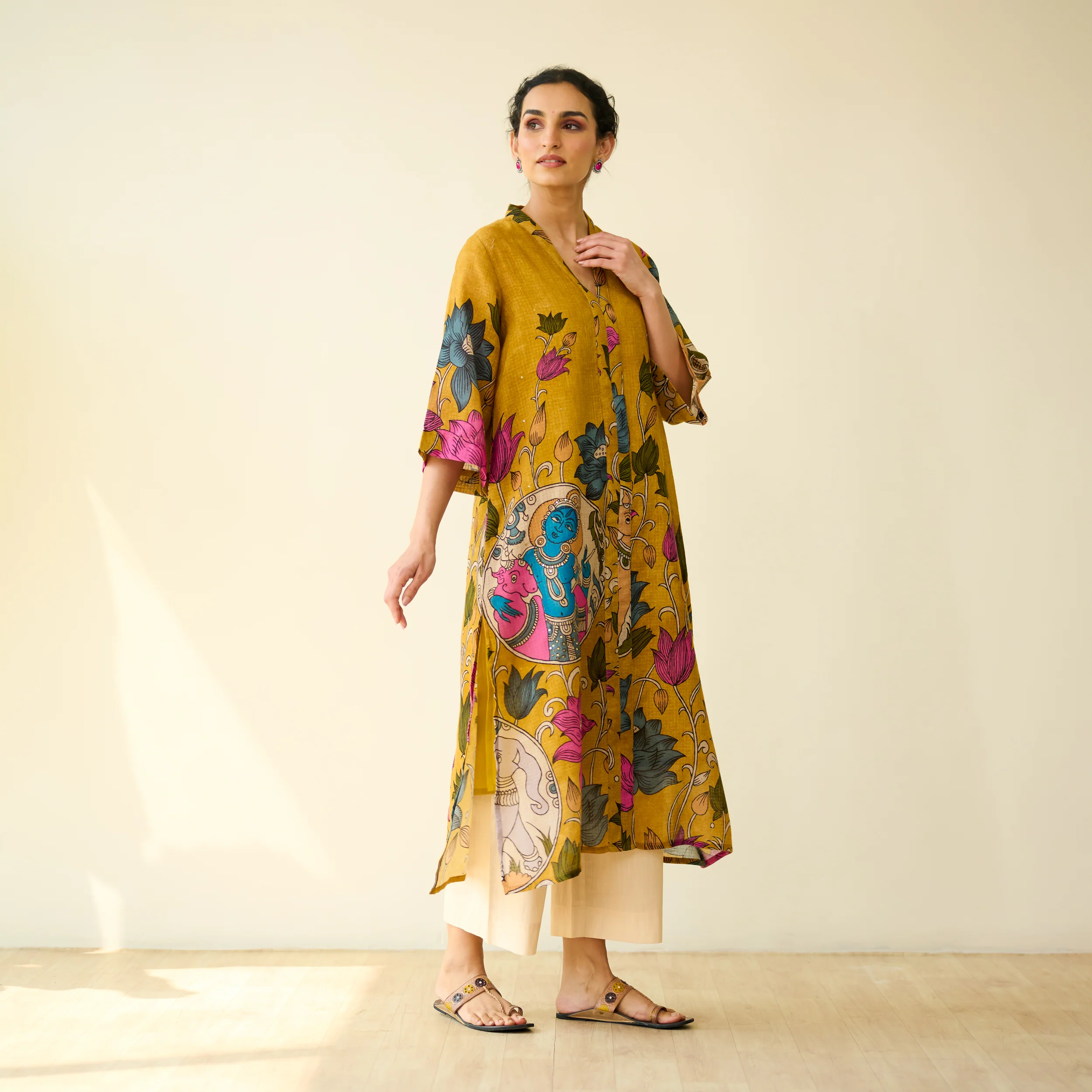 Vrinda Hand Embroidered Kota Doria Cotton Kurta - Mustard - Image 7