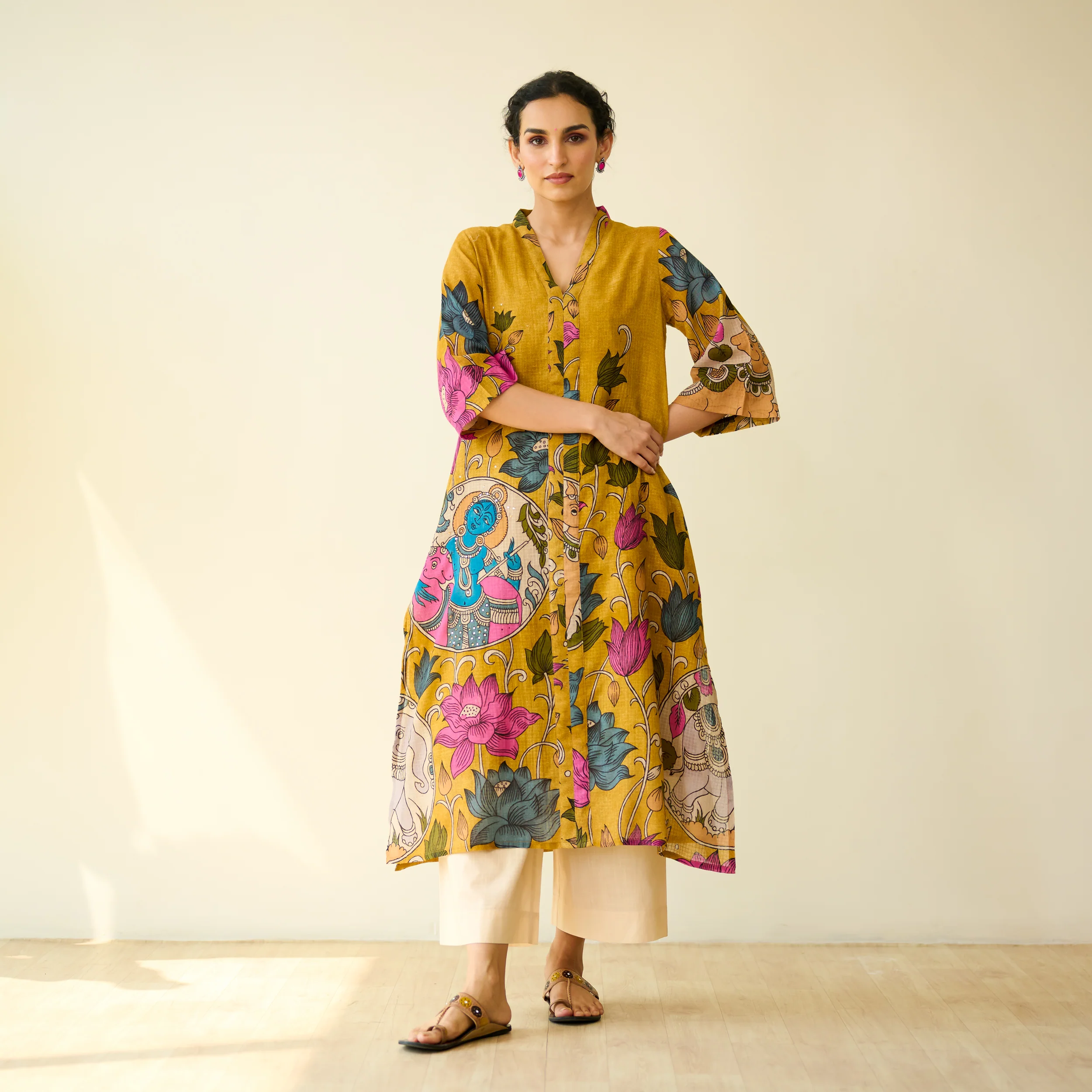 Vrinda Hand Embroidered Kota Doria Cotton Kurta - Mustard - Image 8