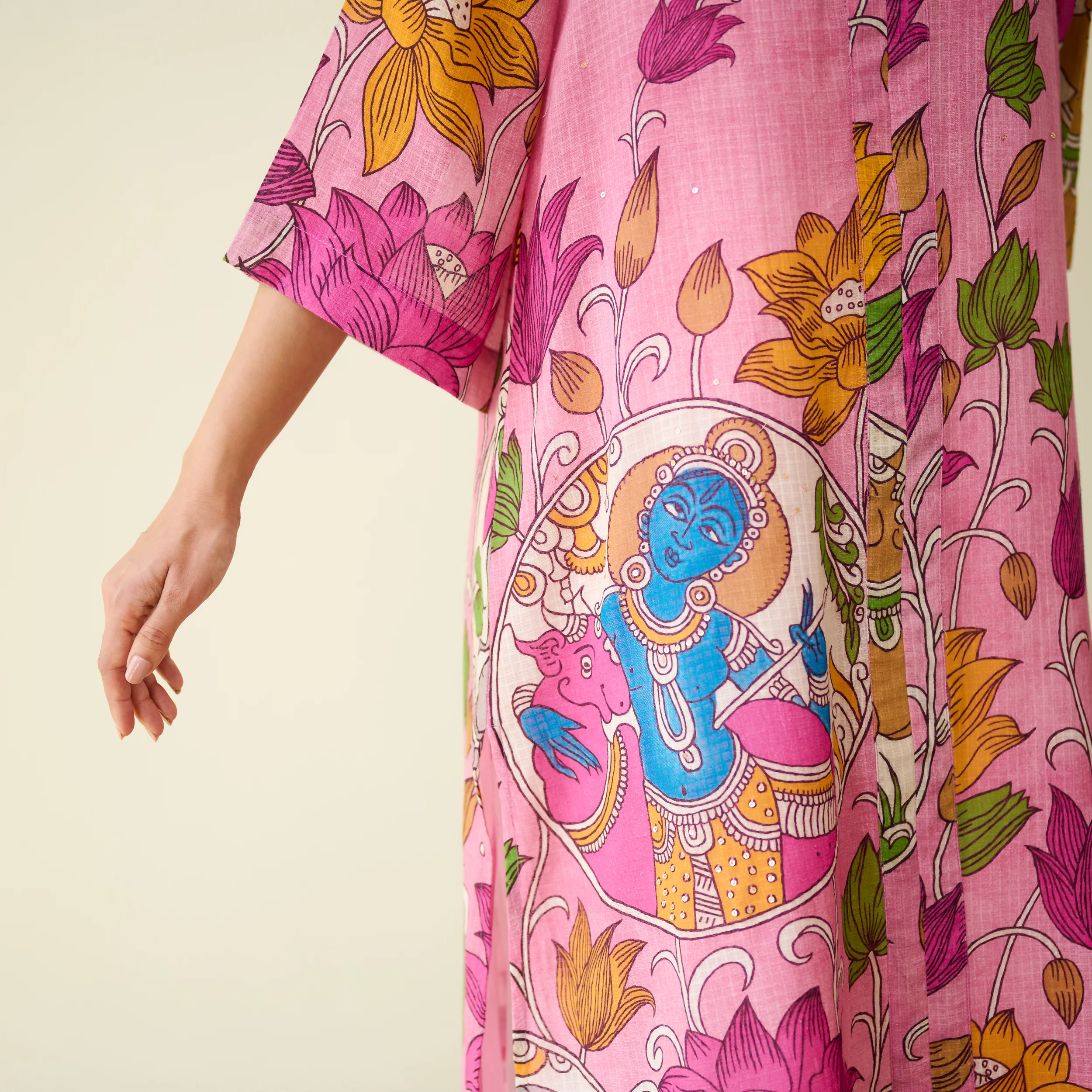Vrinda Hand Embroidered Kota Doria Cotton Kurta - Pink - Image 2