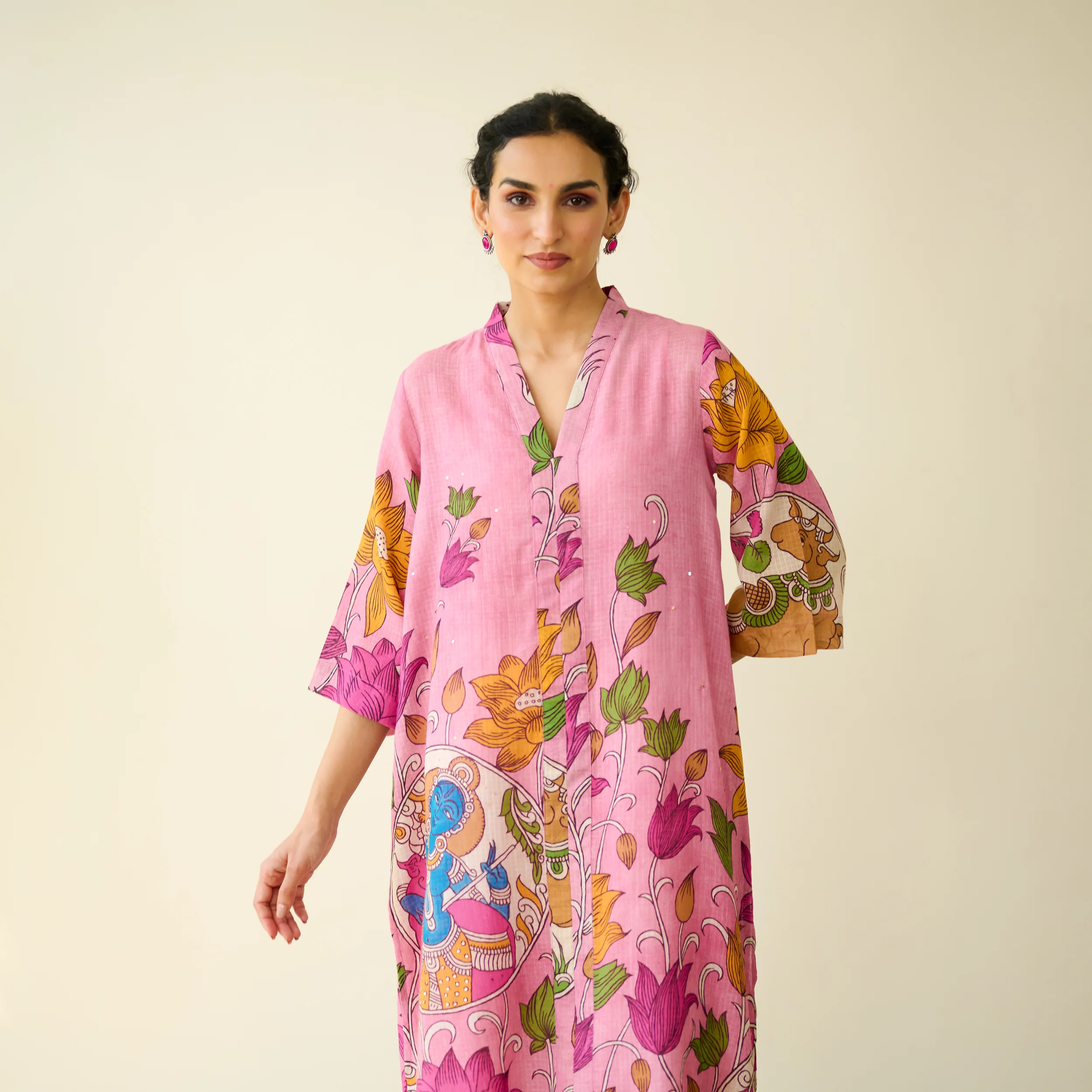 Vrinda Hand Embroidered Kota Doria Cotton Kurta - Pink - Image 3