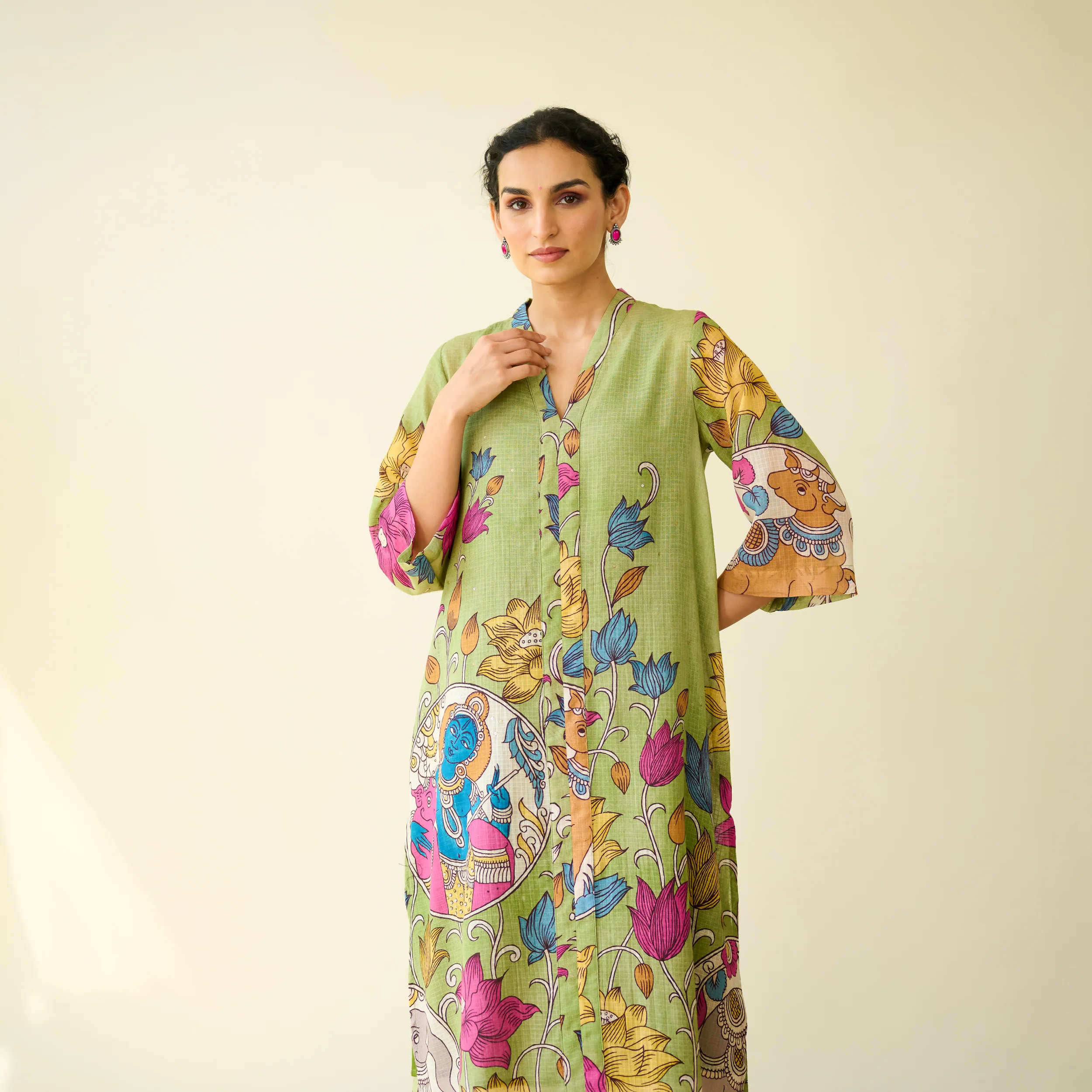 Vrinda Hand Embroidered Kota Doria Cotton Kurta - Pista Green - Image 2