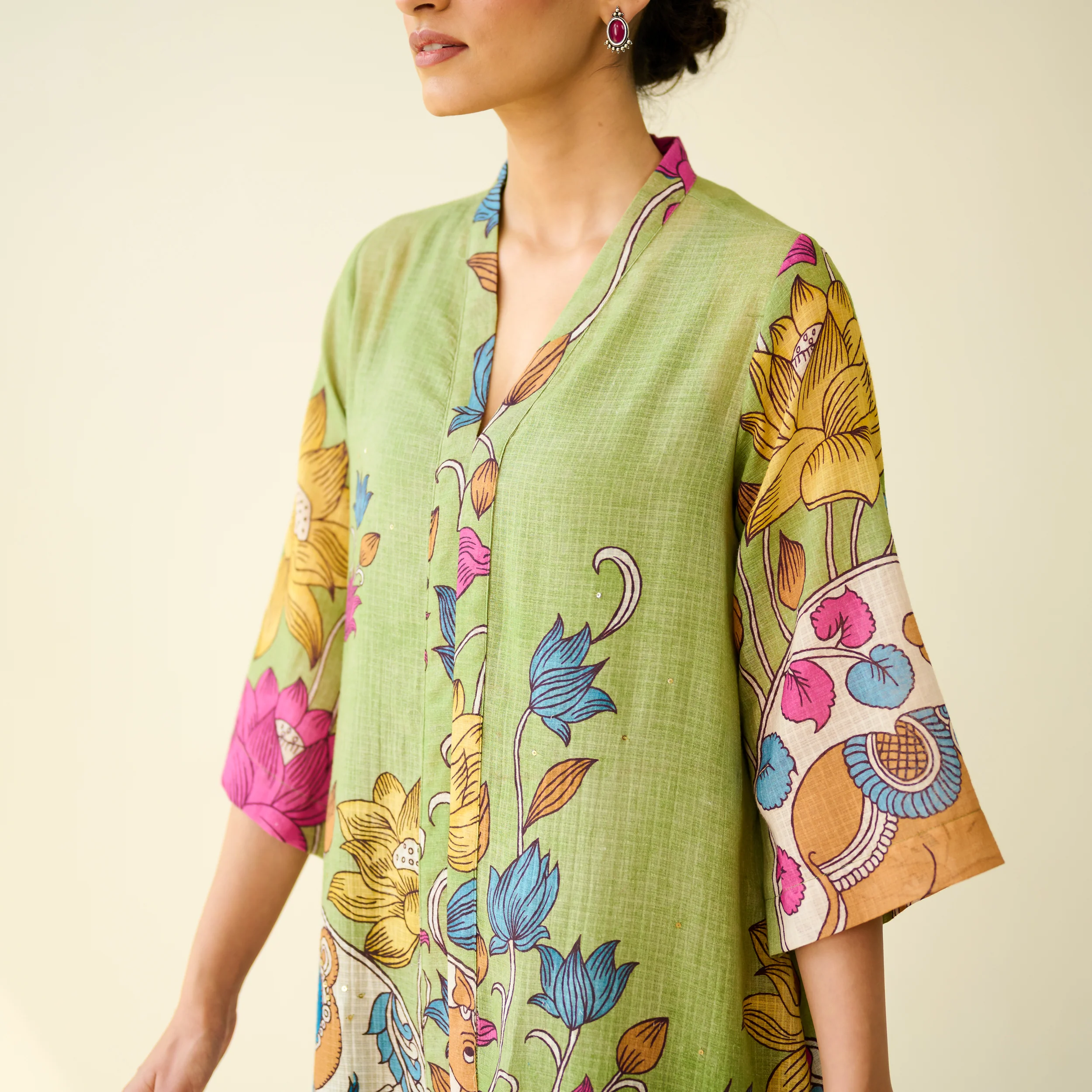 Vrinda Hand Embroidered Kota Doria Cotton Kurta - Pista Green - Image 3