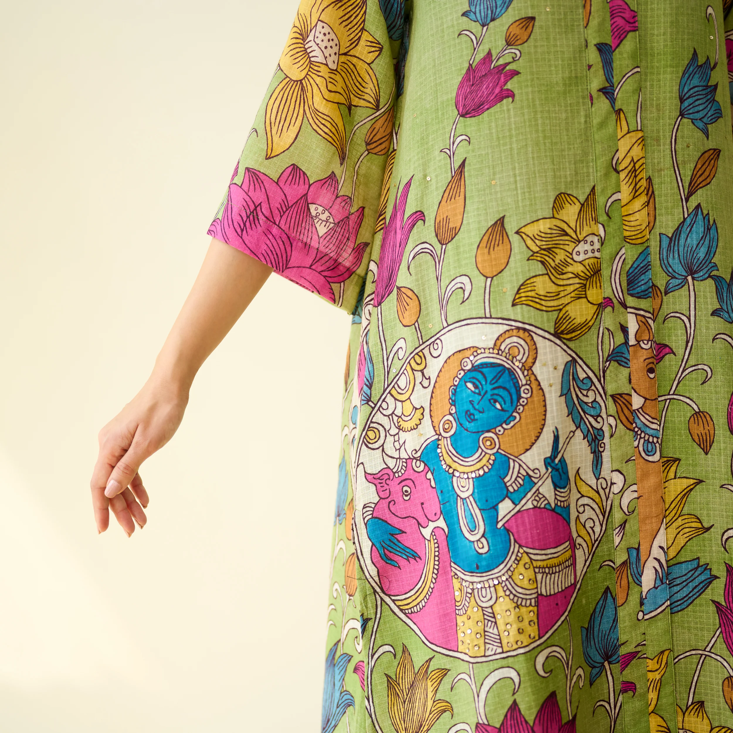 Vrinda Hand Embroidered Kota Doria Cotton Kurta - Pista Green - Image 4