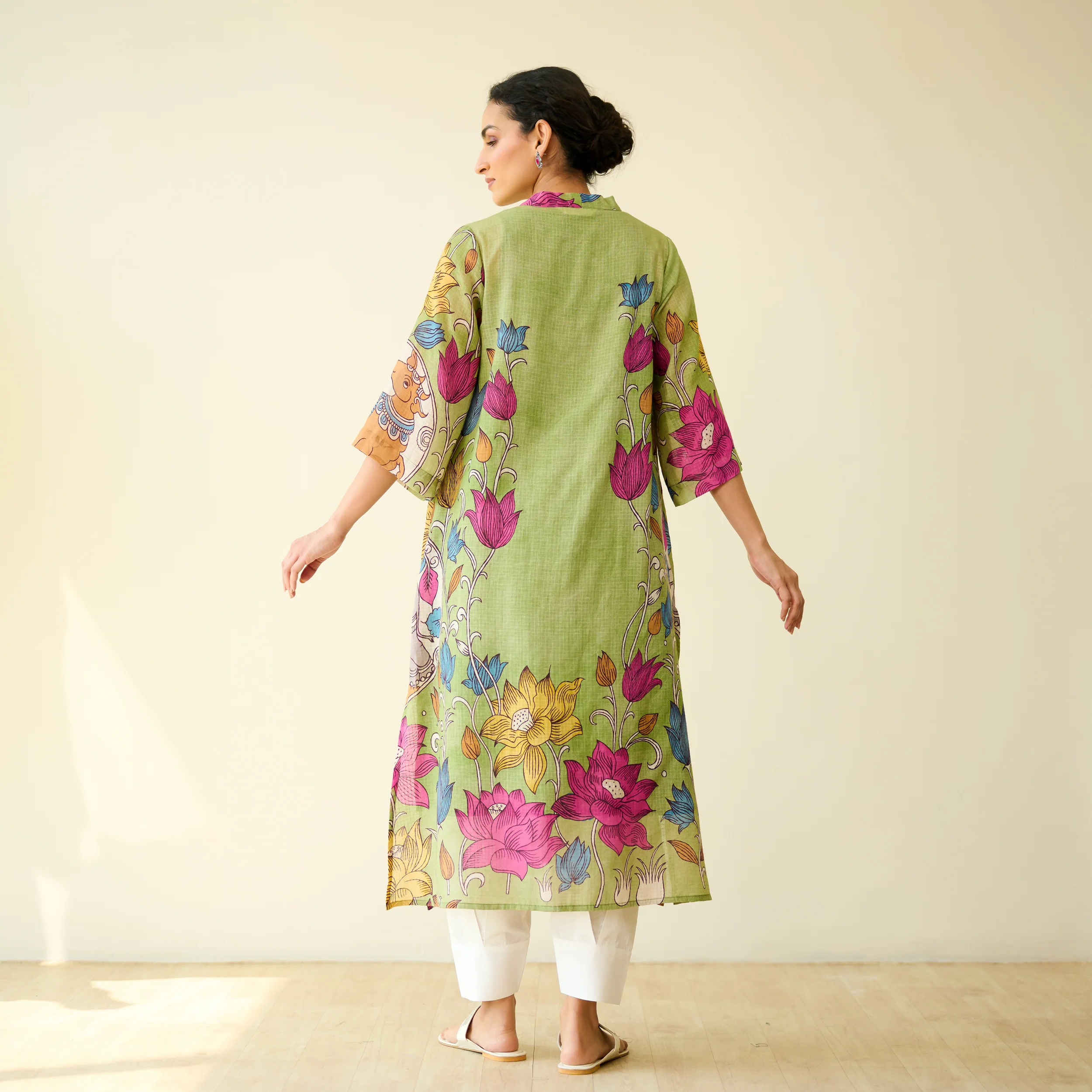 Vrinda Hand Embroidered Kota Doria Cotton Kurta - Pista Green - Image 5