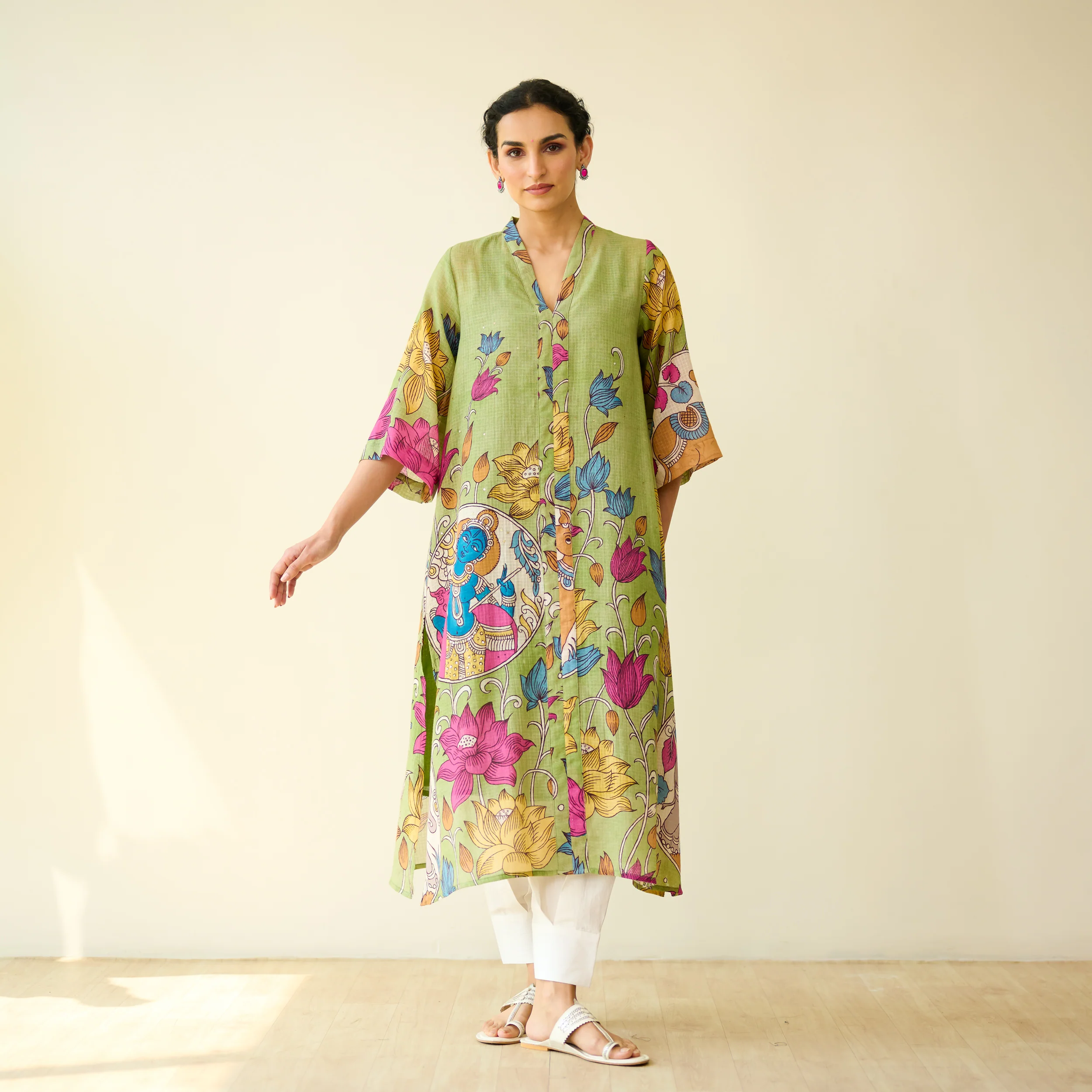 Vrinda Hand Embroidered Kota Doria Cotton Kurta - Pista Green - Image 6