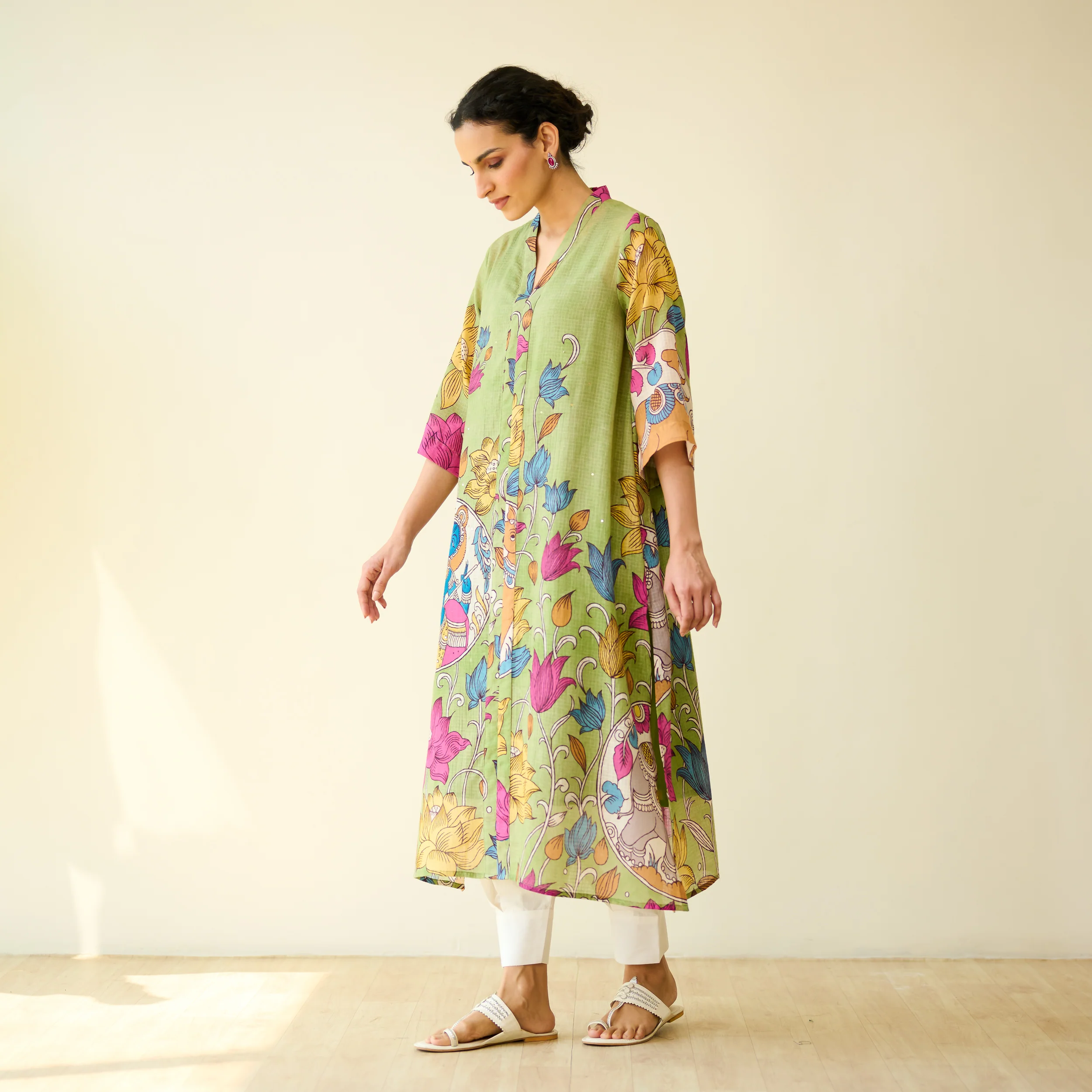 Vrinda Hand Embroidered Kota Doria Cotton Kurta - Pista Green - Image 7