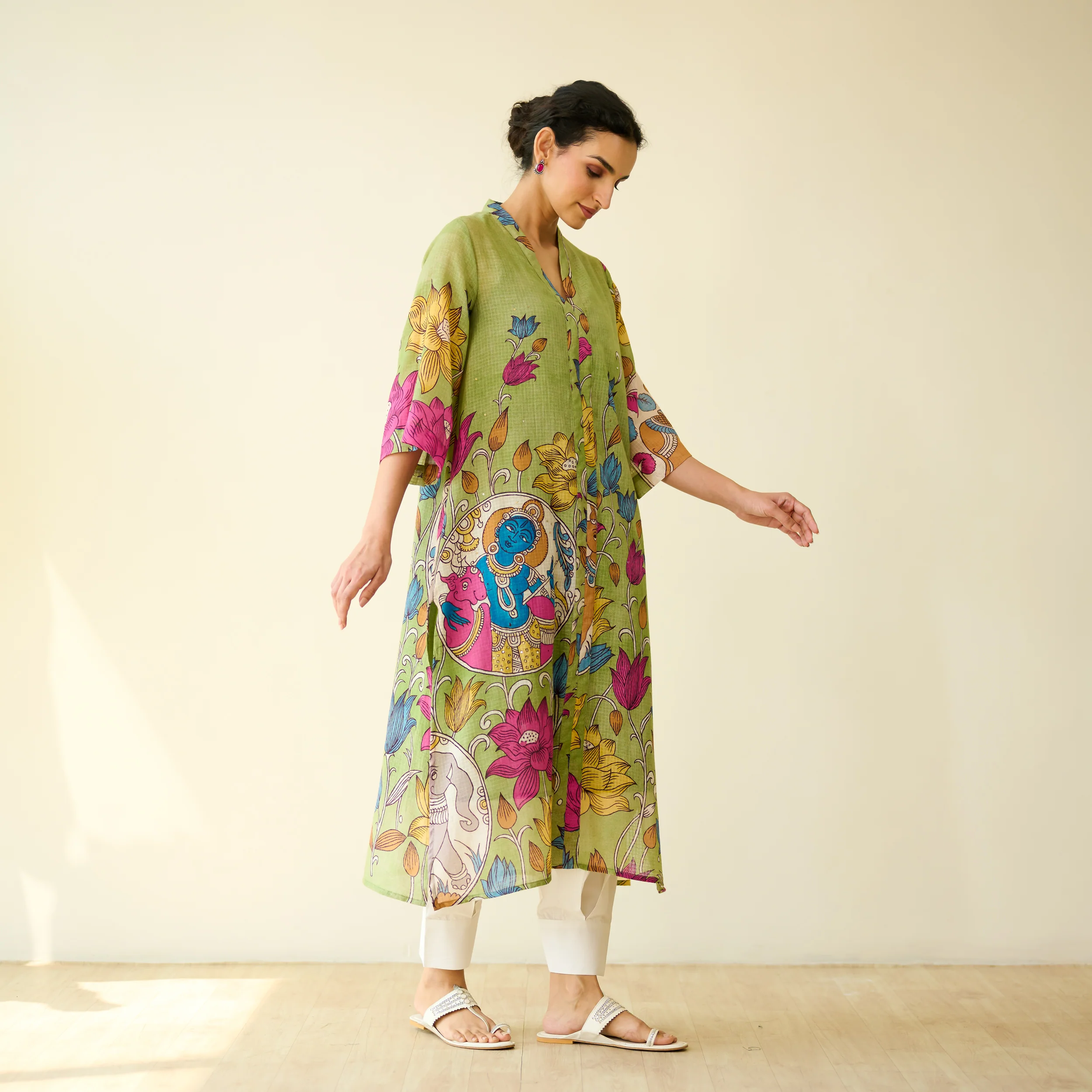 Vrinda Hand Embroidered Kota Doria Cotton Kurta - Pista Green - Image 8