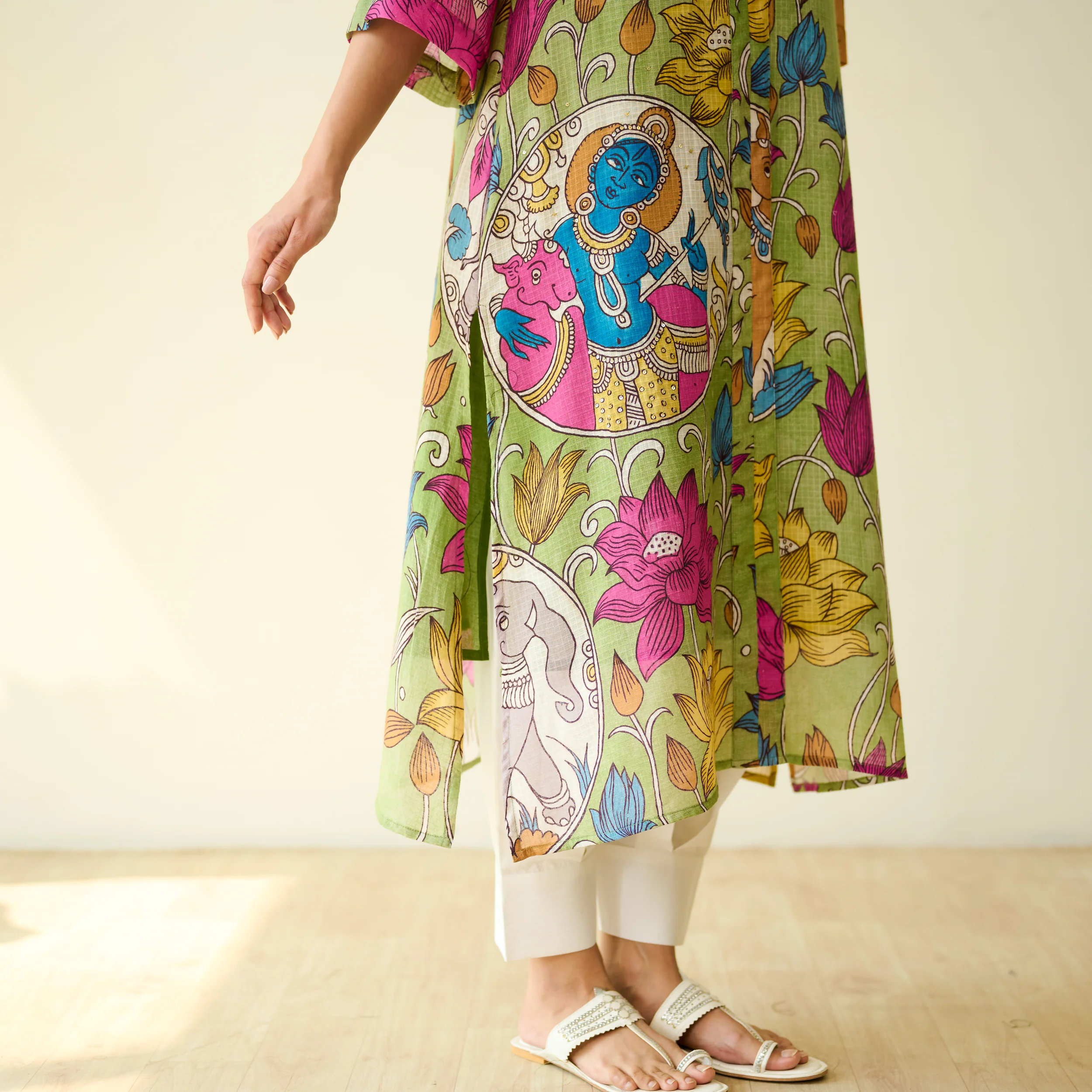 Vrinda Hand Embroidered Kota Doria Cotton Kurta - Pista Green - Image 9
