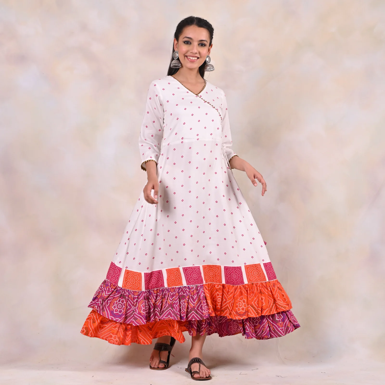 White Bandhani Angrakha Yoke Dress - Image 4