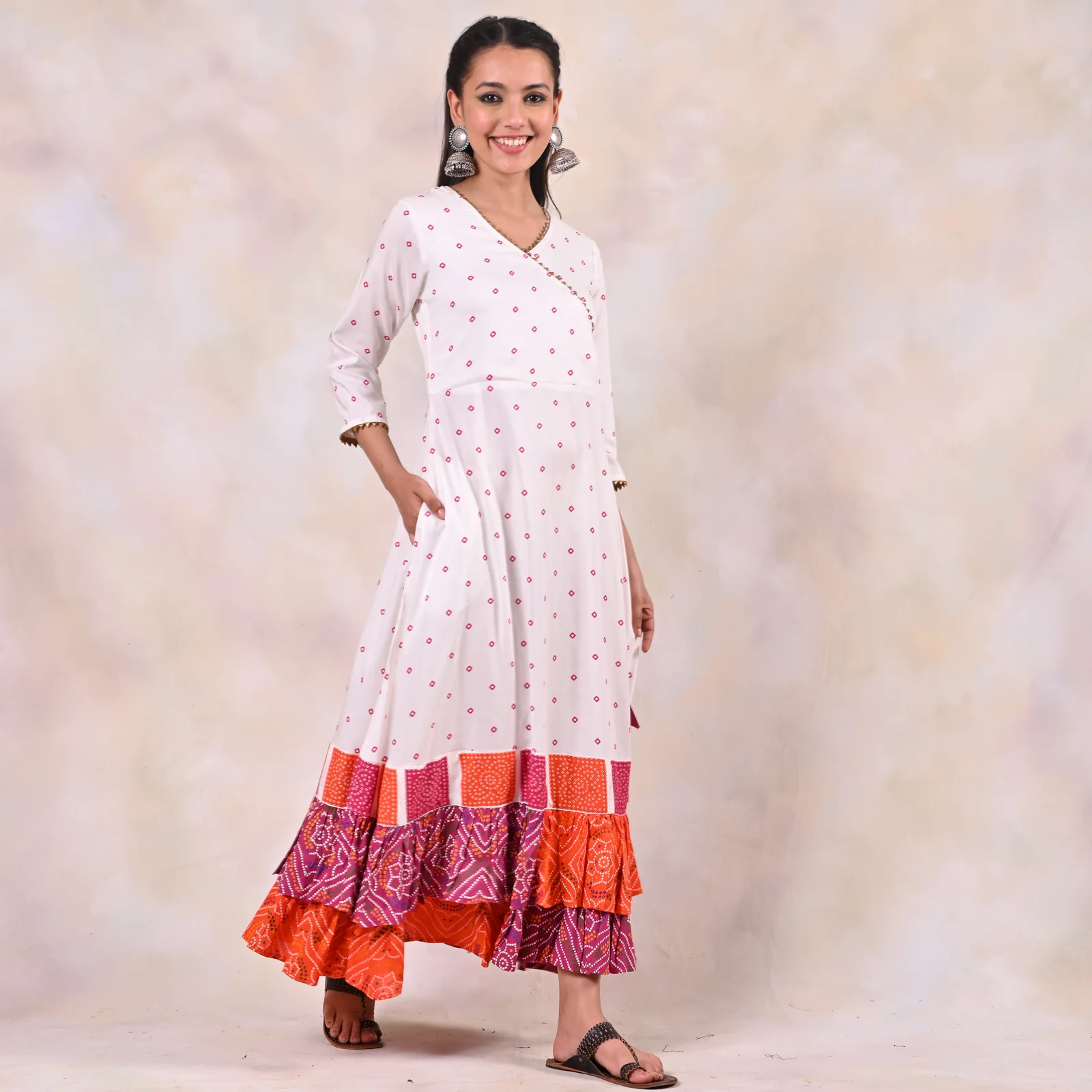 White Bandhani Angrakha Yoke Dress - Image 5