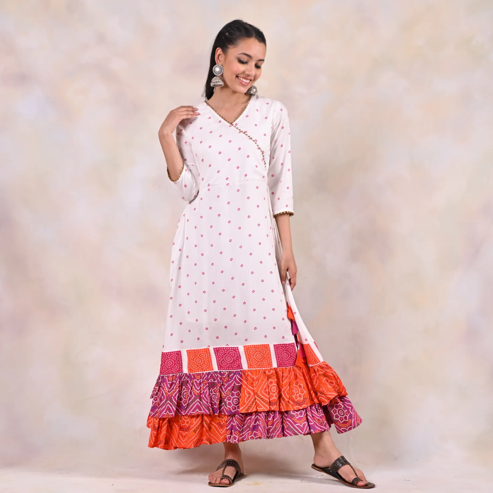 White Bandhani Angrakha Yoke Dress - Image 7