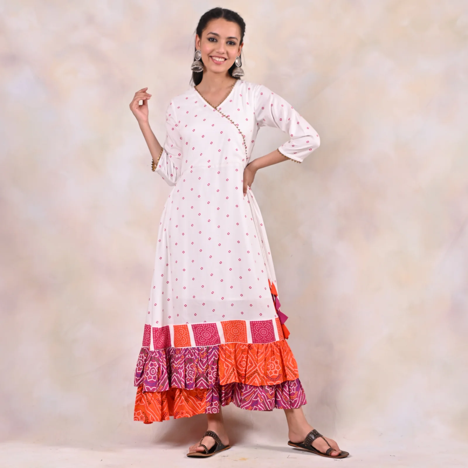 White Bandhani Angrakha Yoke Dress - Image 8
