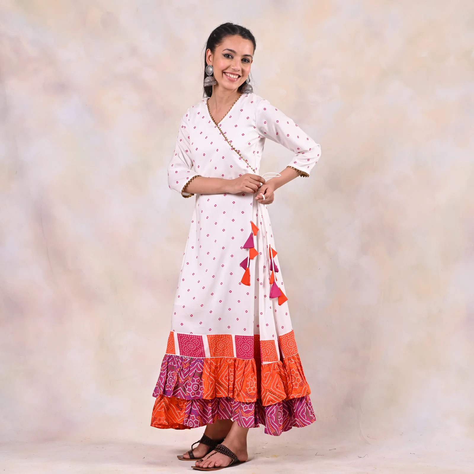 White Bandhani Angrakha Yoke Dress - Image 9