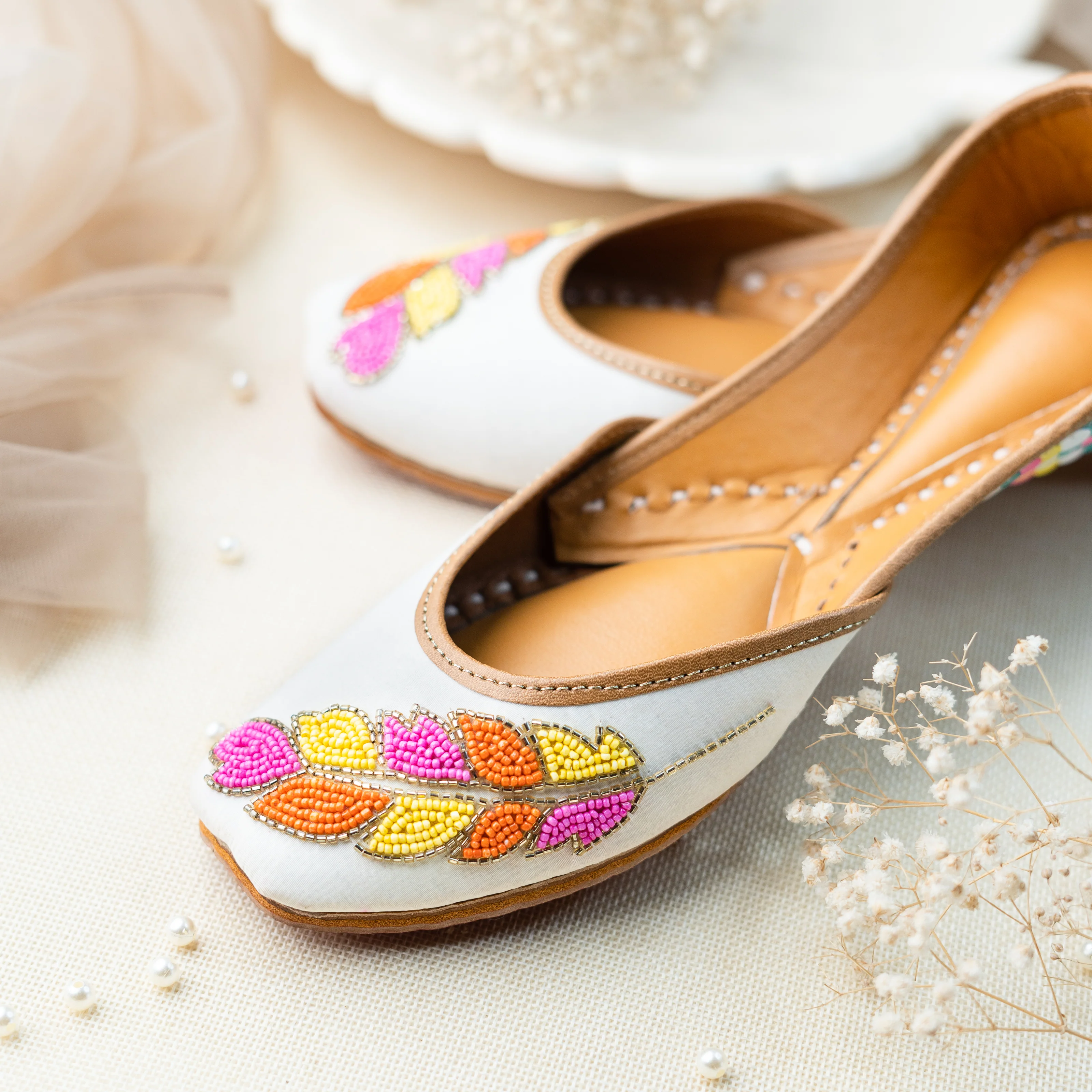 White Sequins and Beaded Leaf Jutti - Image 4