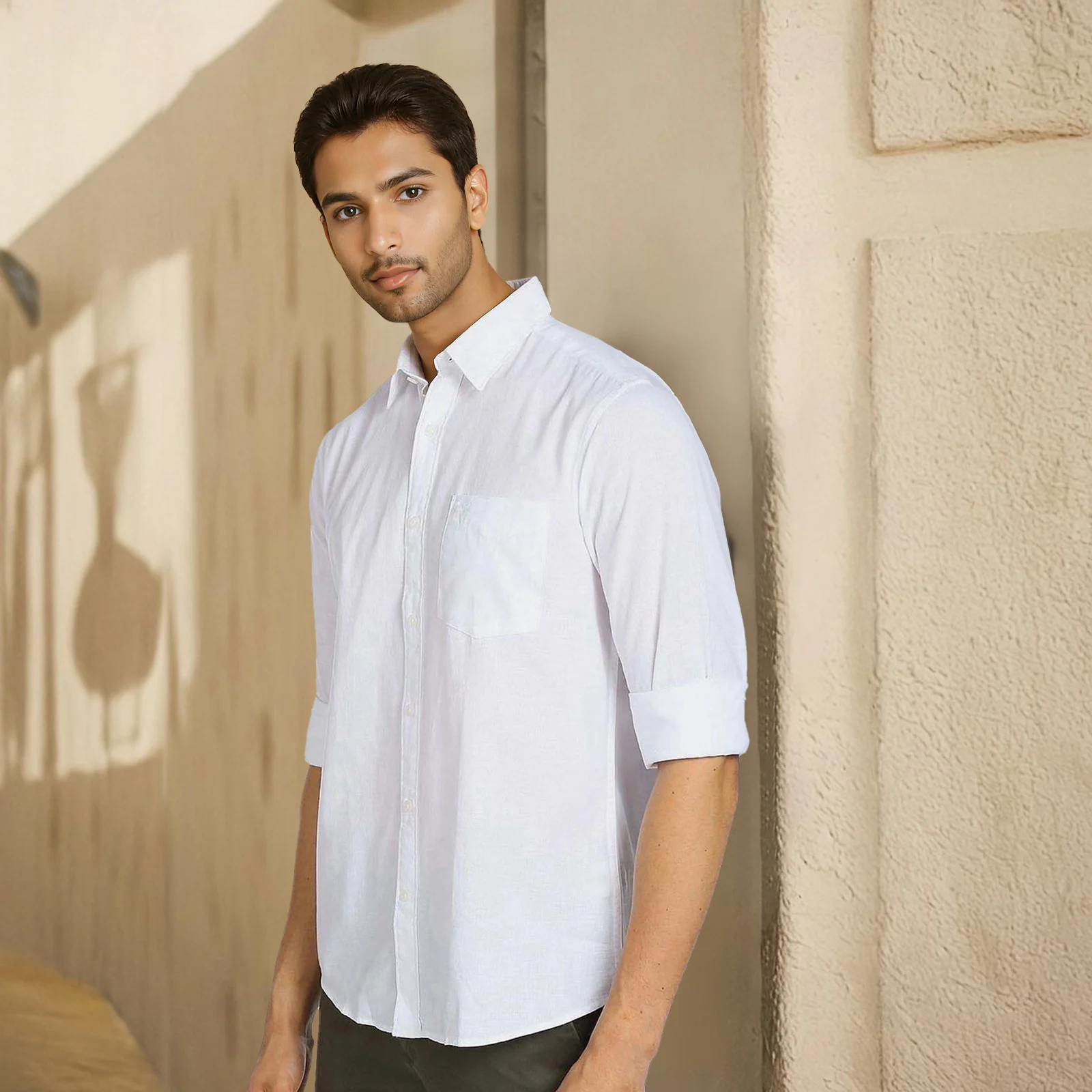 White Solid Linen Cotton Shirt for Men - Image 3