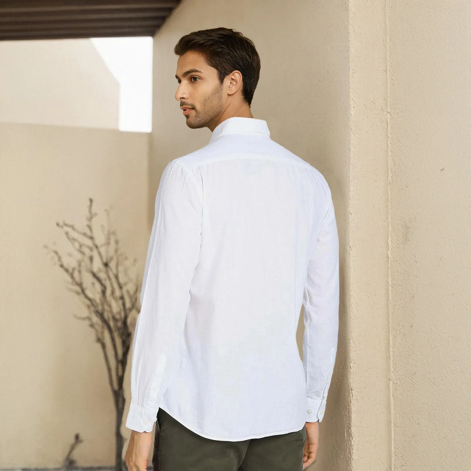 White Solid Linen Cotton Shirt for Men - Image 5