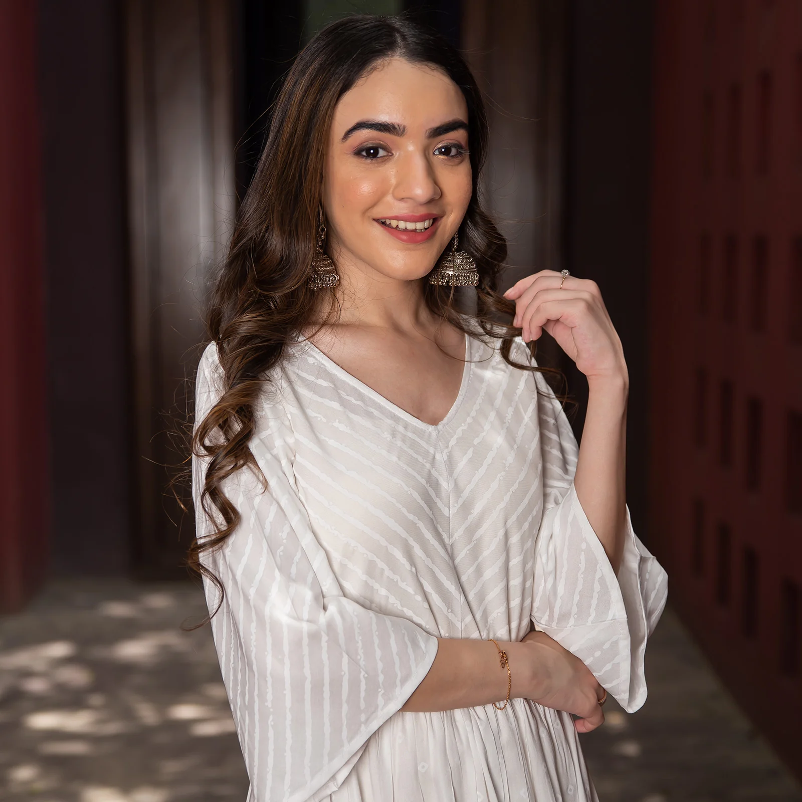 White Bandhani & Stone Printed Tiered Dress with Flared Sleeves - Image 3
