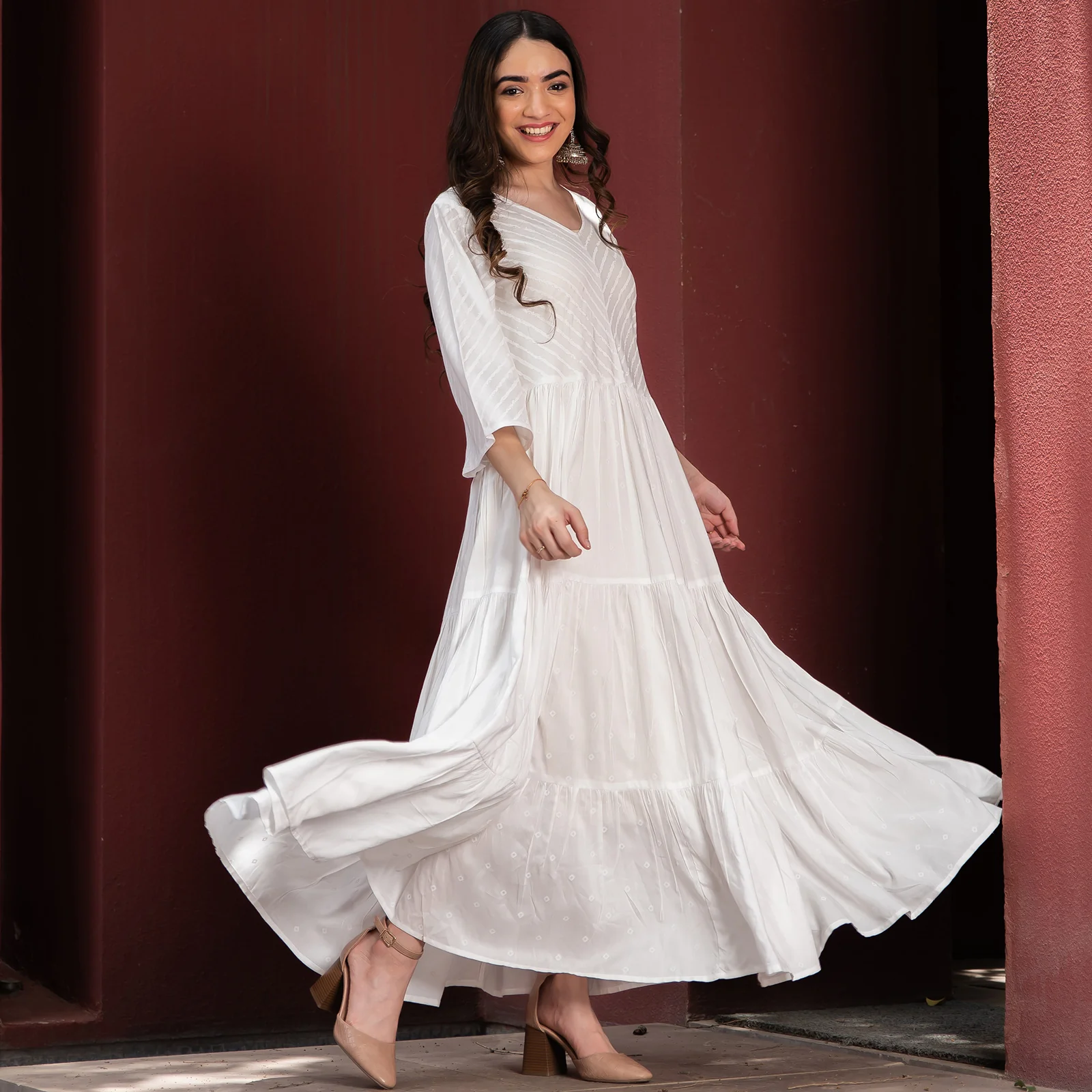 White Bandhani & Stone Printed Tiered Dress with Flared Sleeves - Image 4