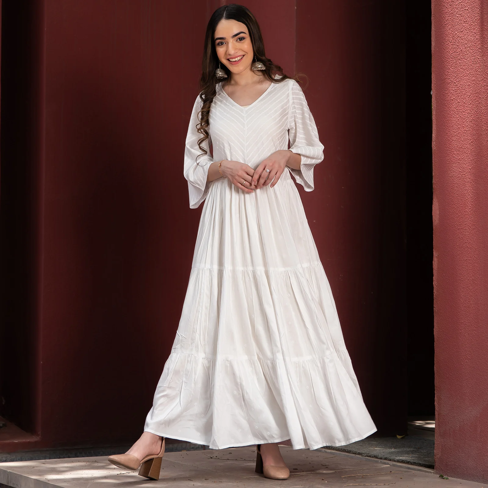 White Bandhani & Stone Printed Tiered Dress with Flared Sleeves - Image 5