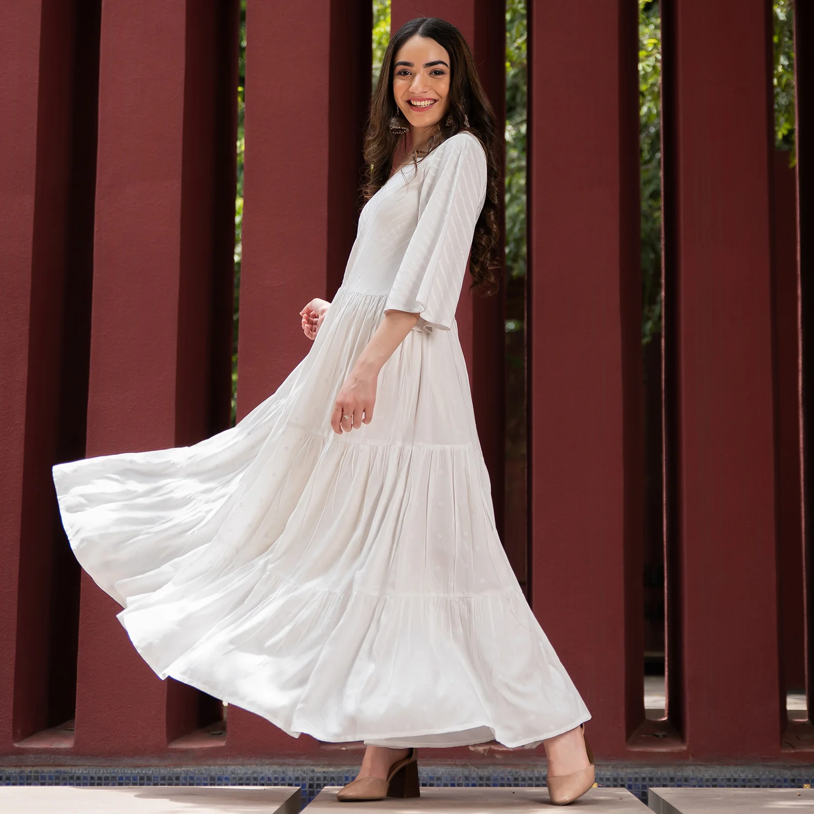 White Bandhani & Stone Printed Tiered Dress with Flared Sleeves - Image 6