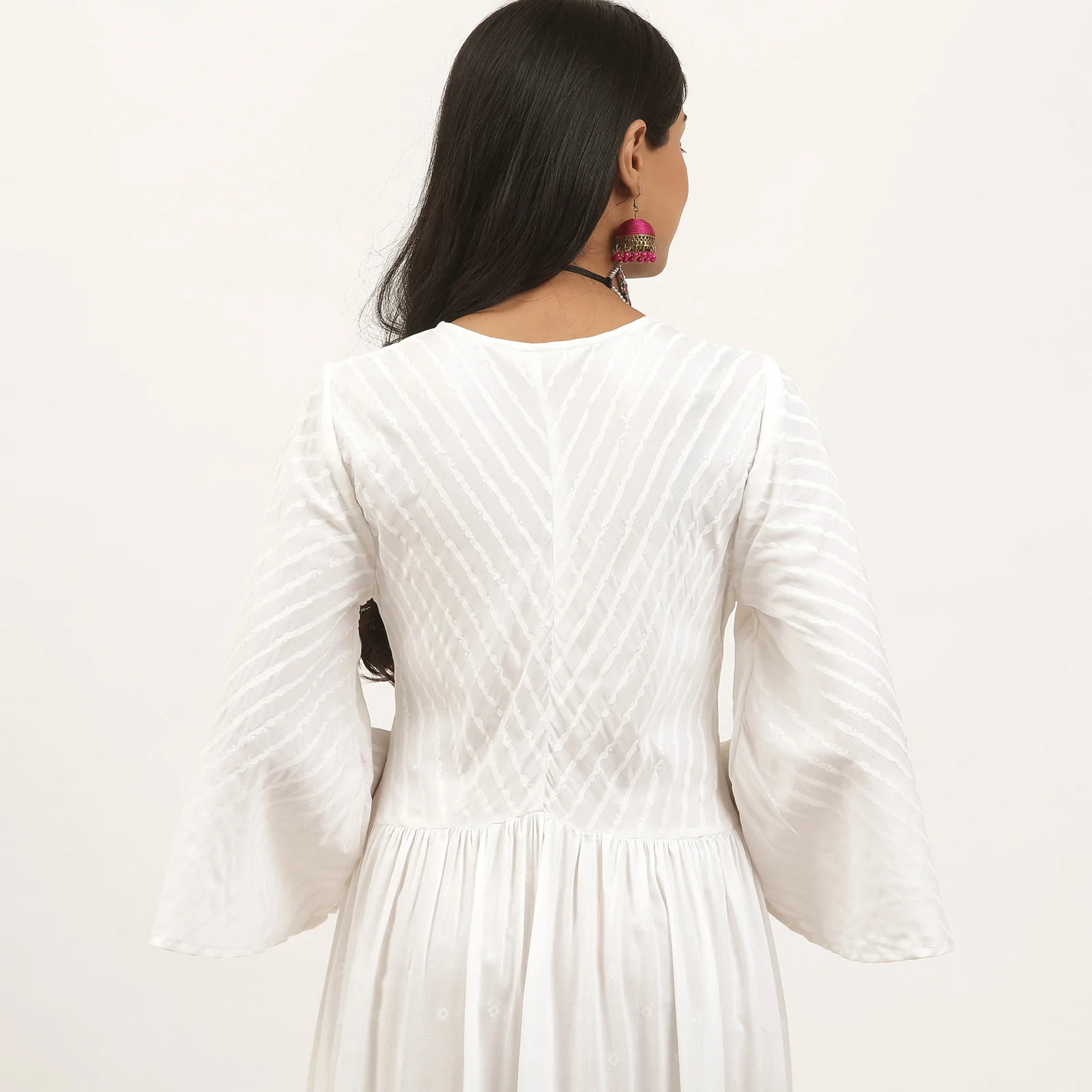 White Bandhani & Stone Printed Tiered Dress with Flared Sleeves - Image 7