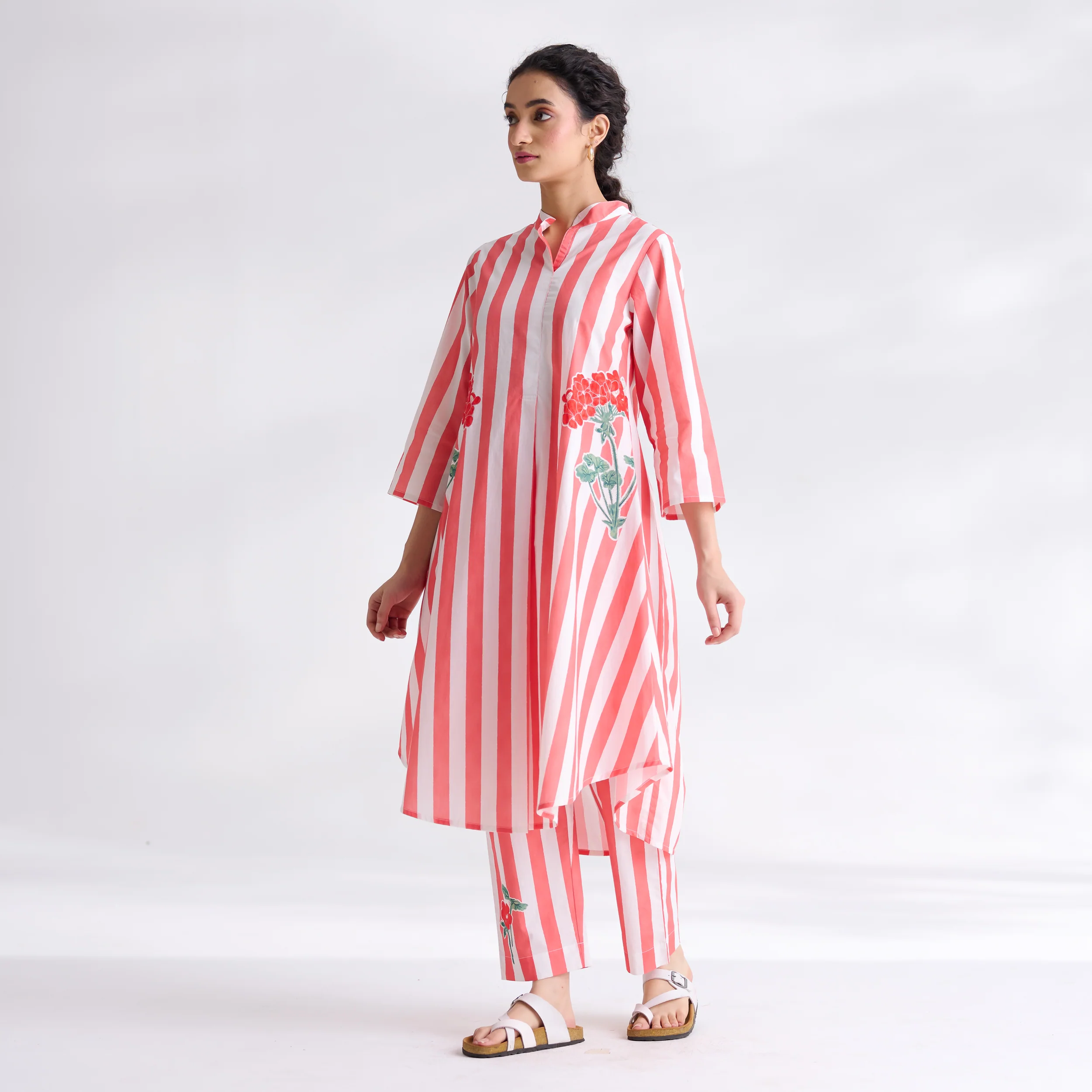Wildflower Embroidered Cotton Kurta Set - Coral - Image 8