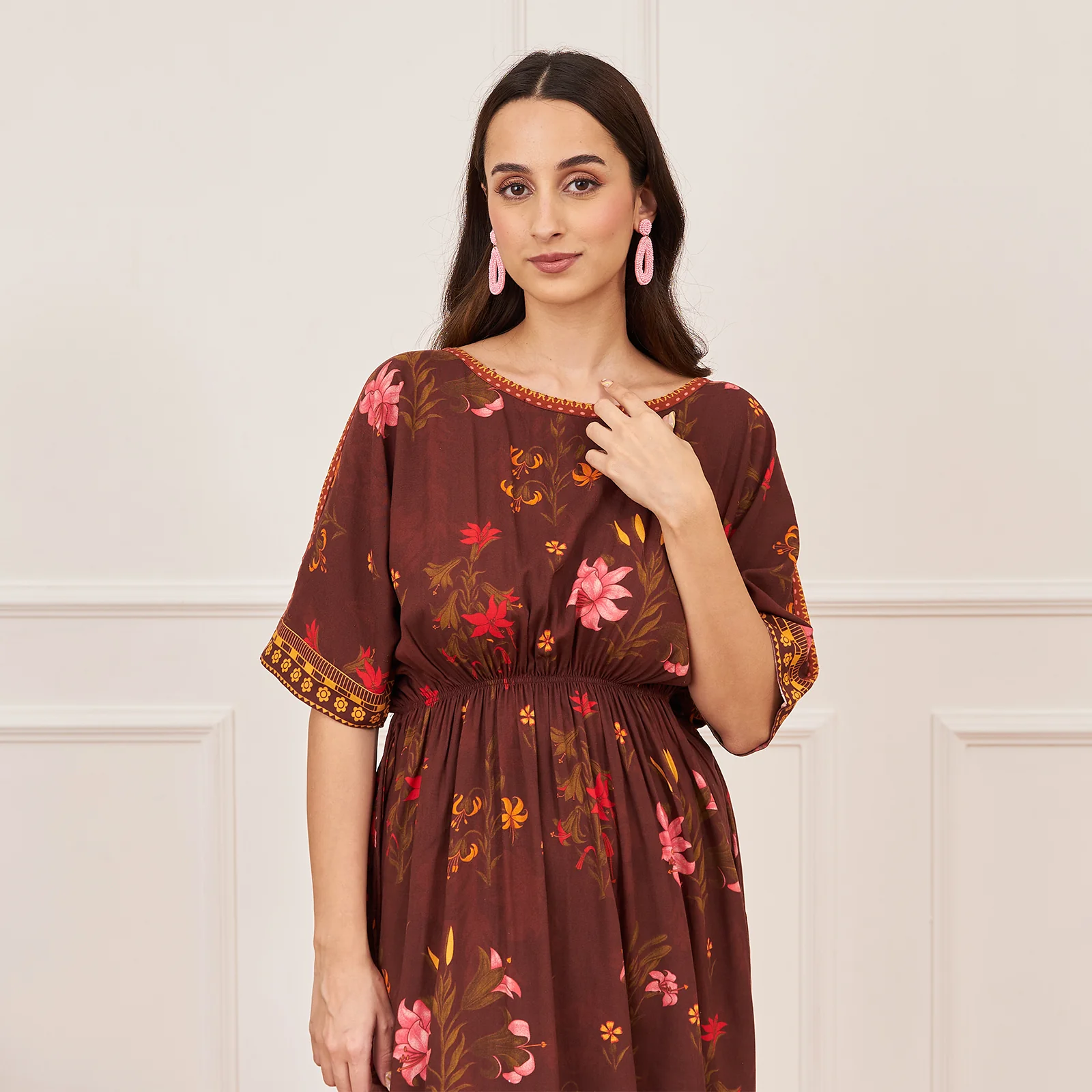 Brown Floral Drawstring Kurta Salwar Co ord Set - Image 3