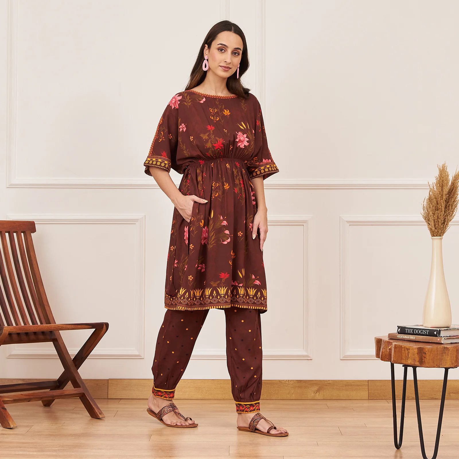 Brown Floral Drawstring Kurta Salwar Co ord Set - Image 4