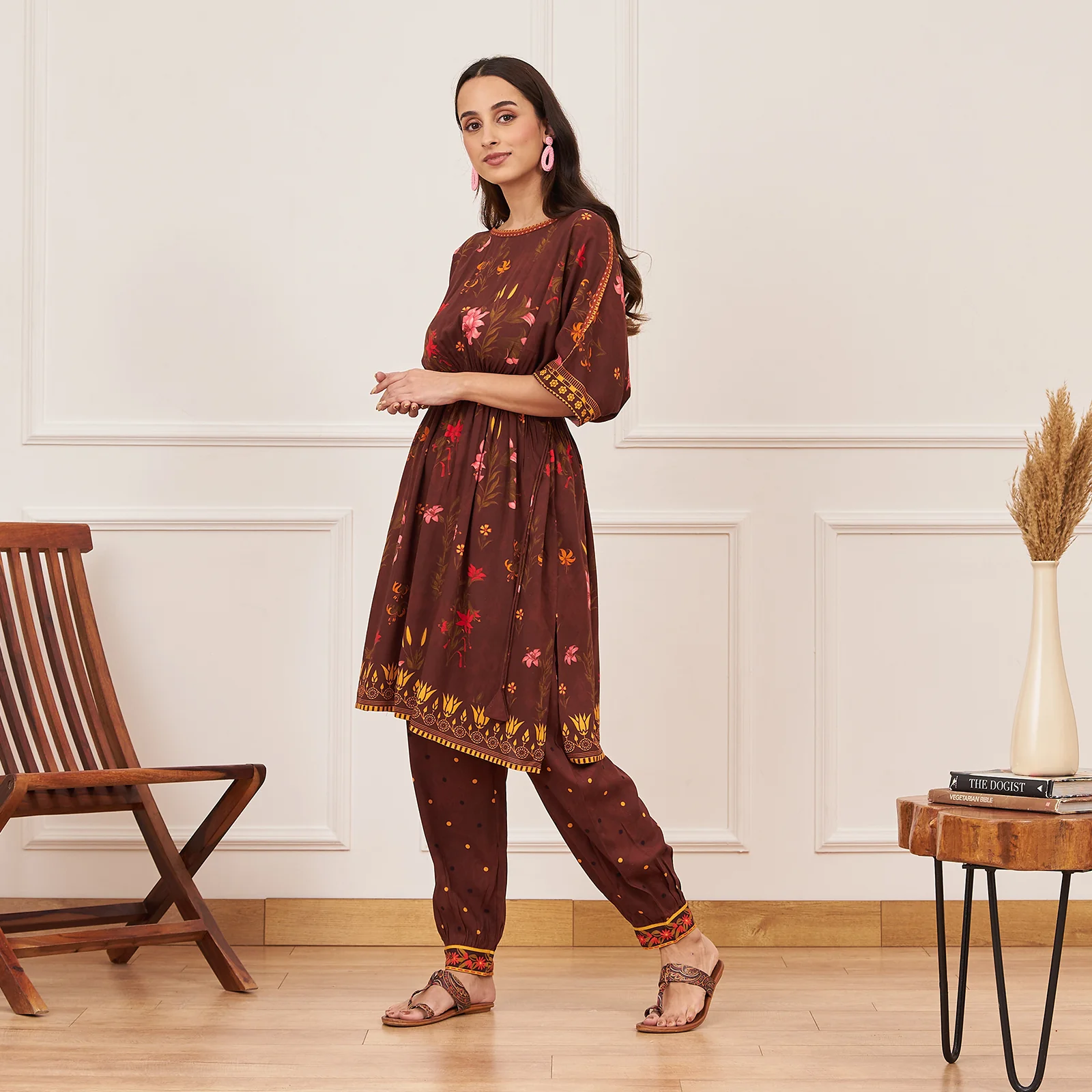 Brown Floral Drawstring Kurta Salwar Co ord Set - Image 5
