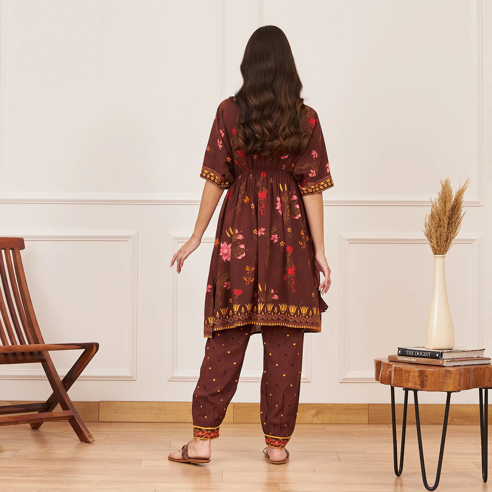 Brown Floral Drawstring Kurta Salwar Co ord Set - Image 6