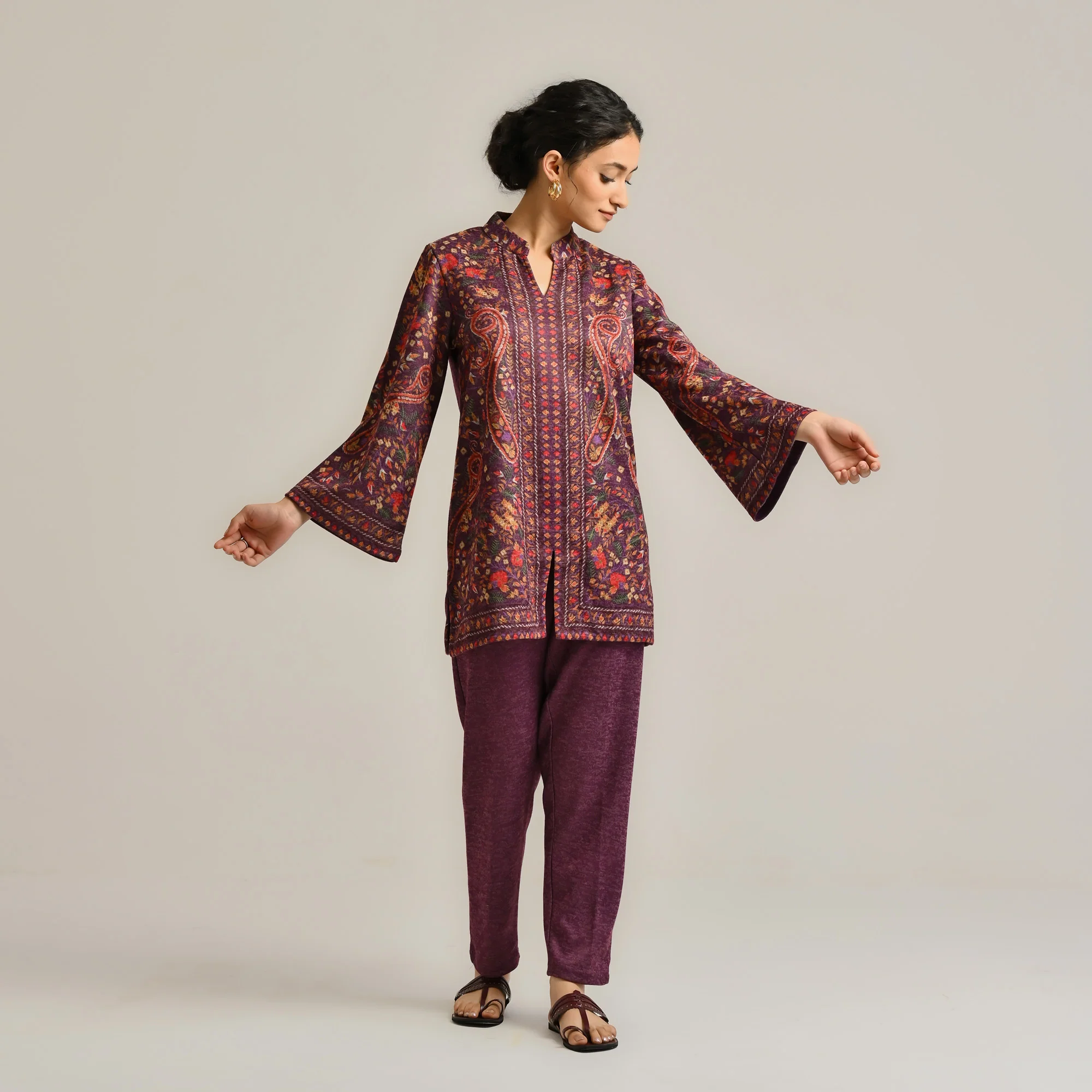 Wine Kashmiri Inspired Contemporary Woollen Co-ord Set - Image 3