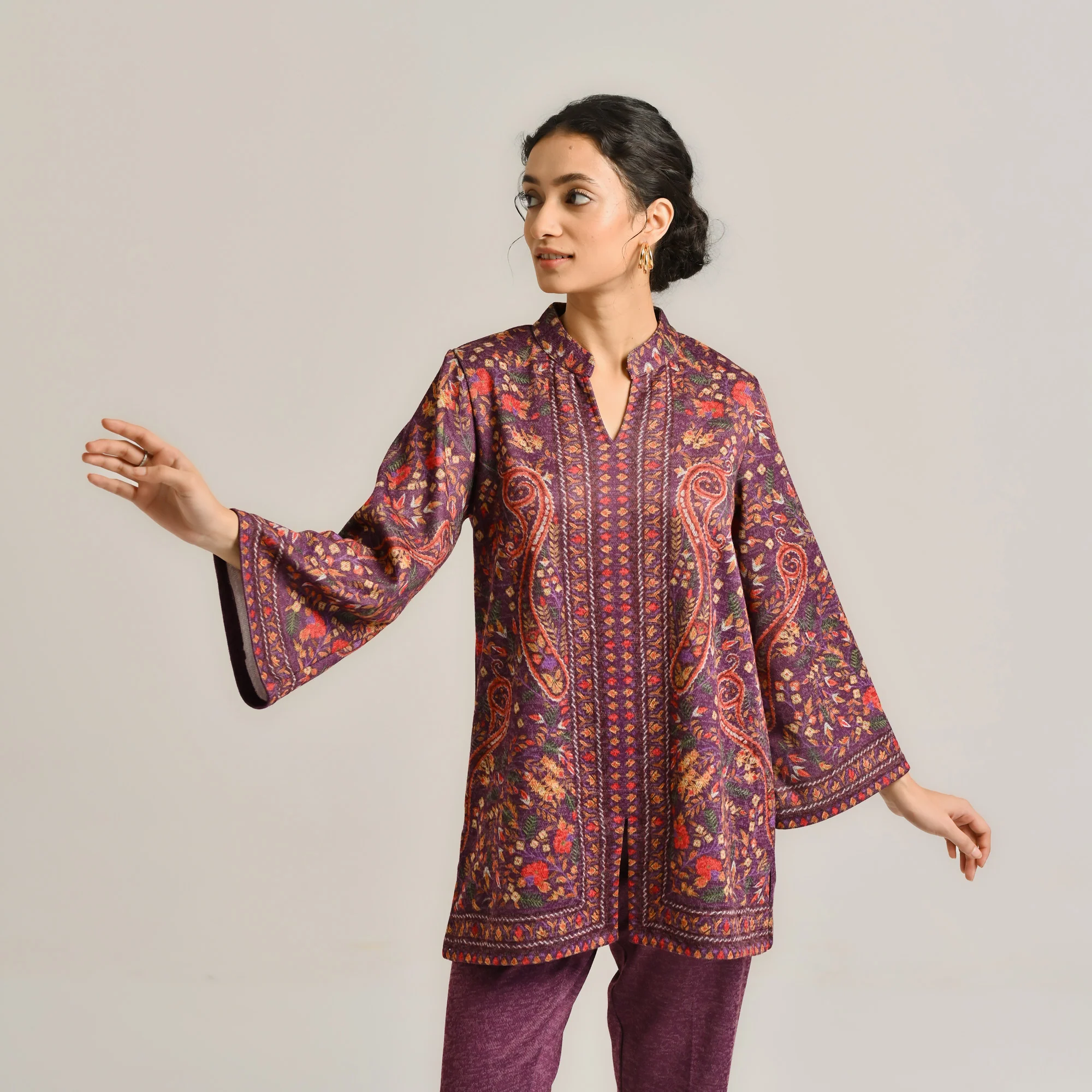Wine Kashmiri Inspired Contemporary Woollen Co-ord Set - Image 5
