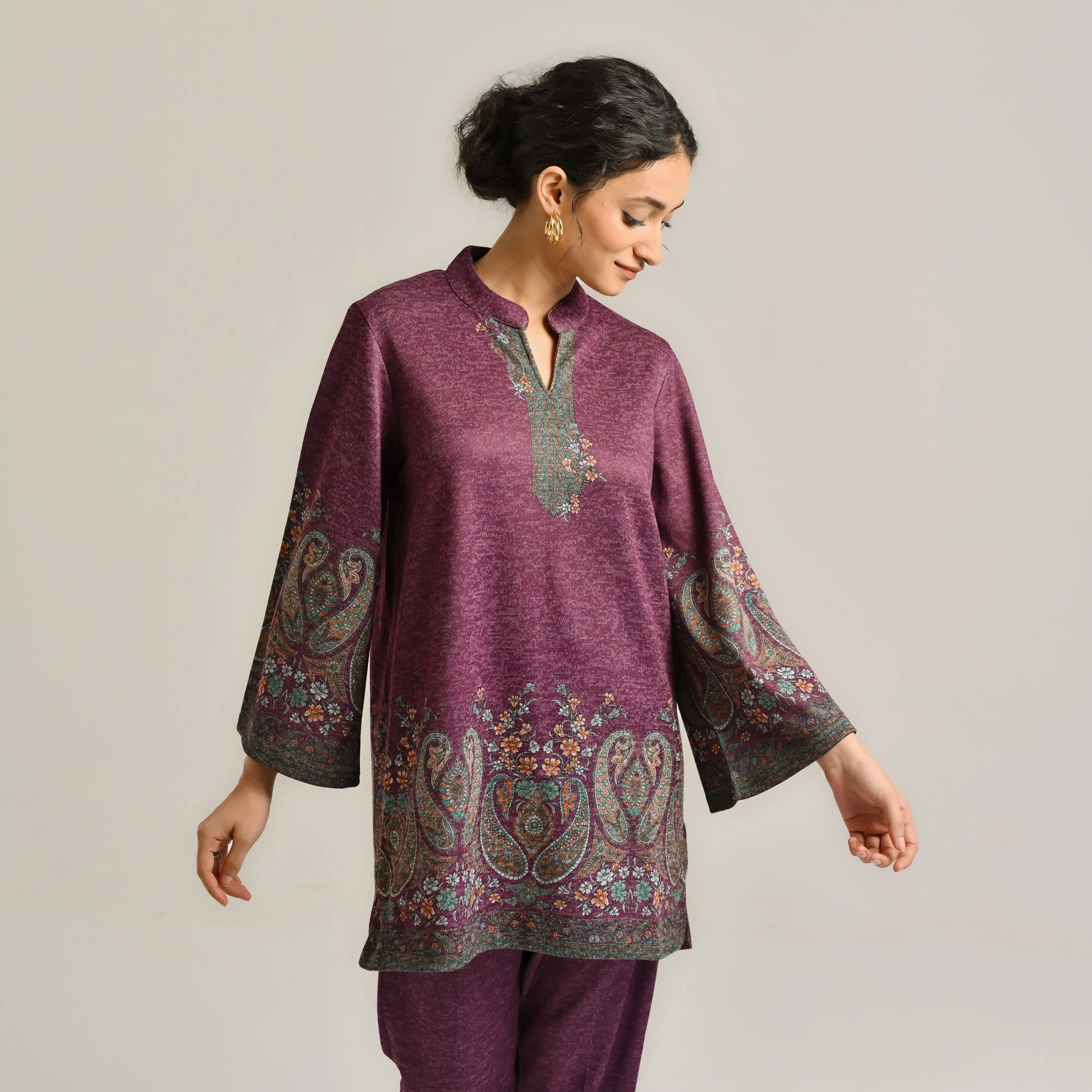 Wine Kashmiri Inspired Contemporary Woollen Co-ord Set - Image 4