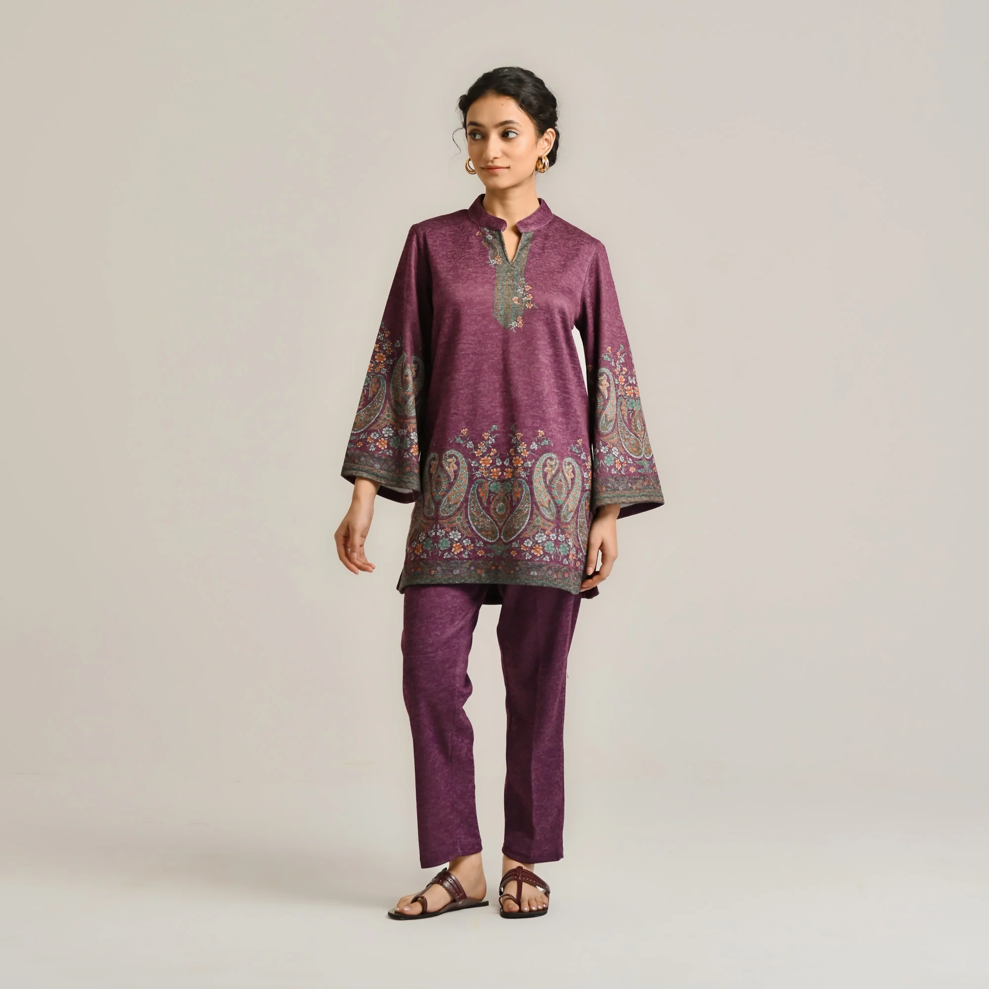 Wine Kashmiri Inspired Contemporary Woollen Co-ord Set - Image 5
