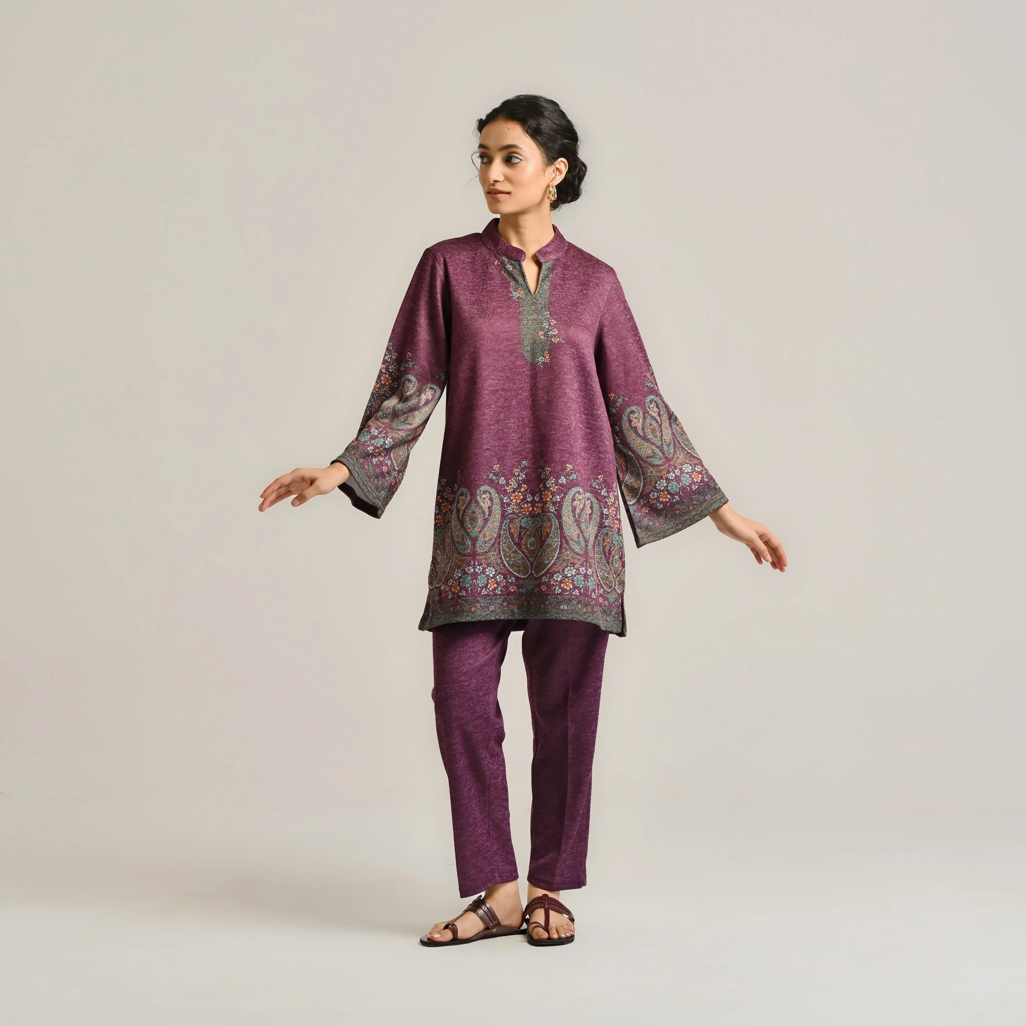 Wine Kashmiri Inspired Contemporary Woollen Co-ord Set - Image 8