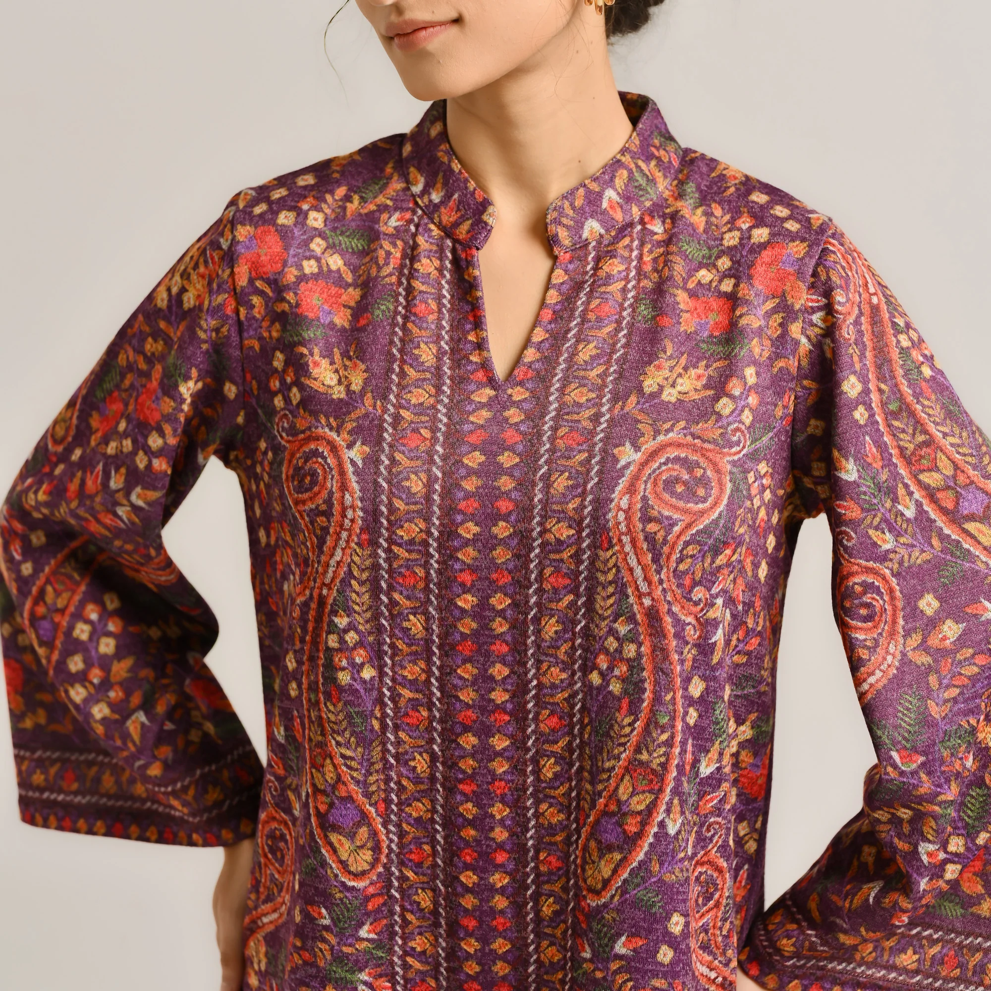 Wine Kashmiri Inspired Contemporary Woollen Kurta - Image 4