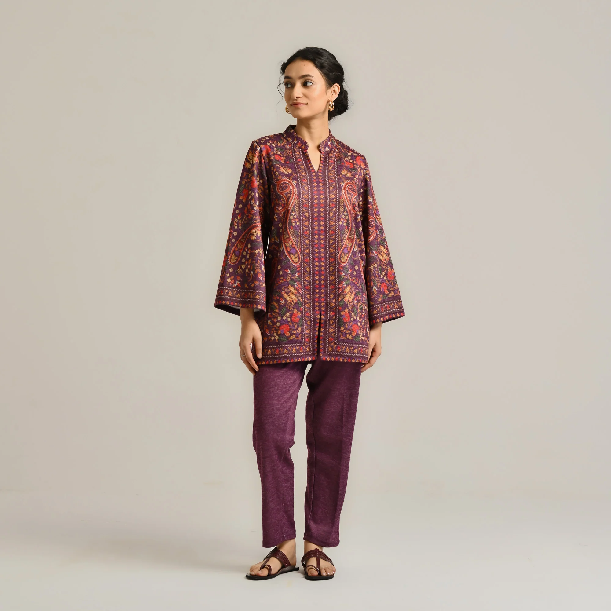 Wine Kashmiri Inspired Contemporary Woollen Kurta - Image 5