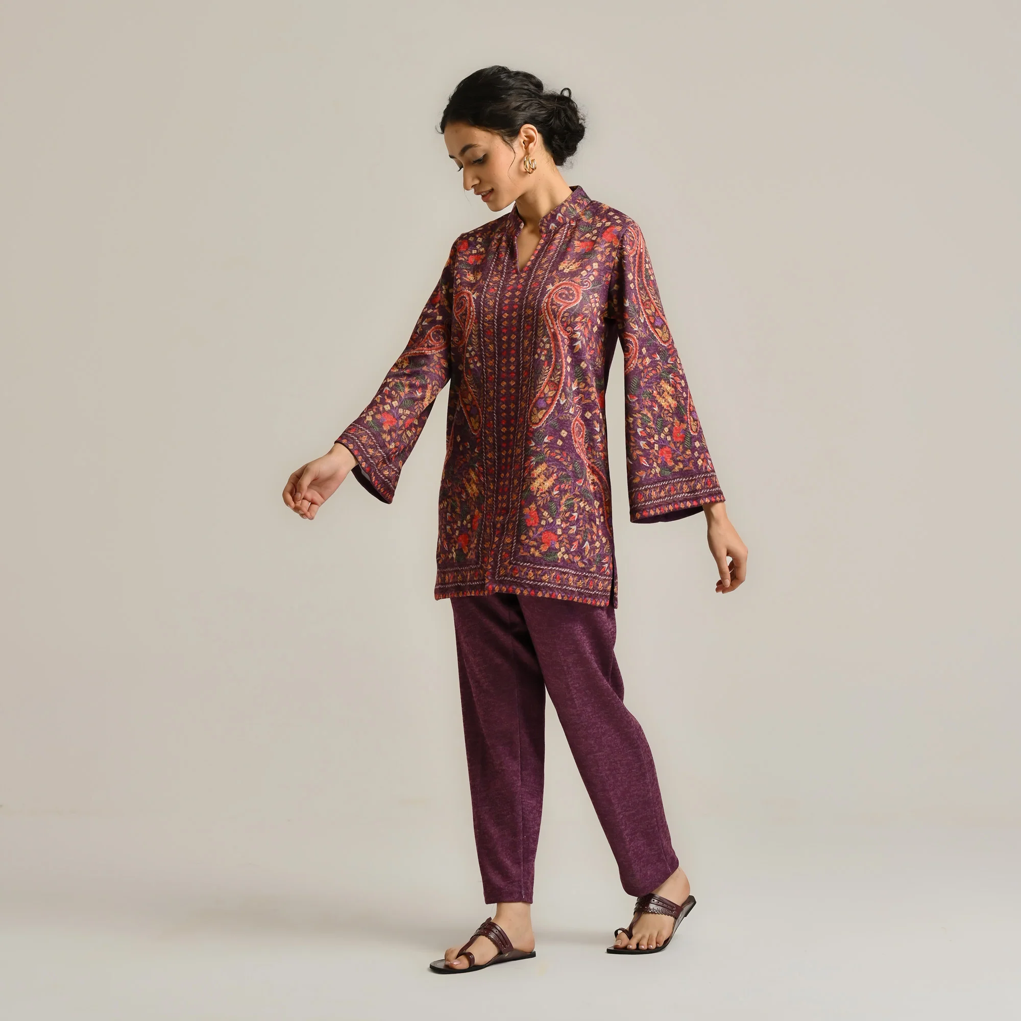 Wine Kashmiri Inspired Contemporary Woollen Kurta - Image 6