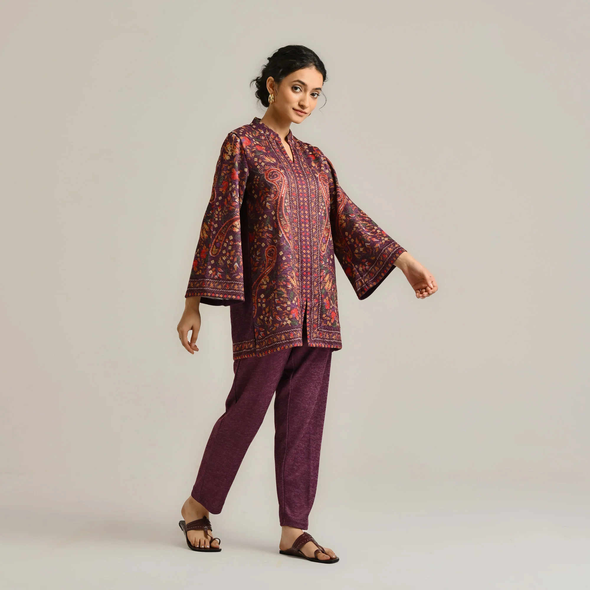 Wine Kashmiri Inspired Contemporary Woollen Kurta - Image 7