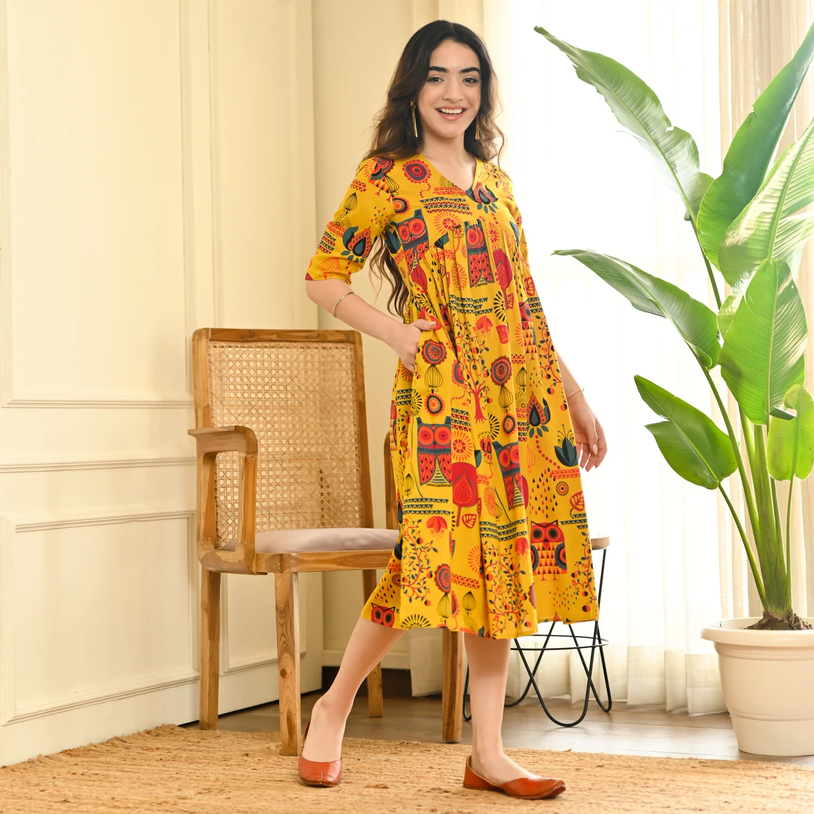 Yellow Abstract Print Flared Dress - Image 3