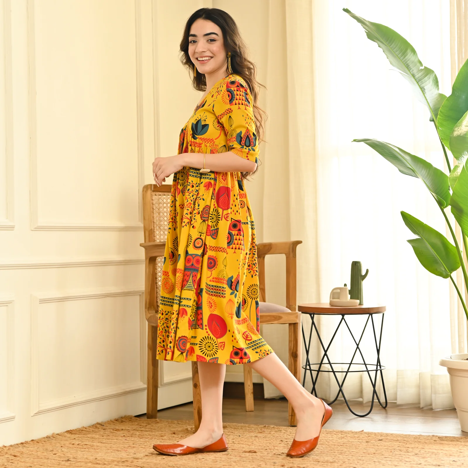 Yellow Abstract Print Flared Dress - Image 4