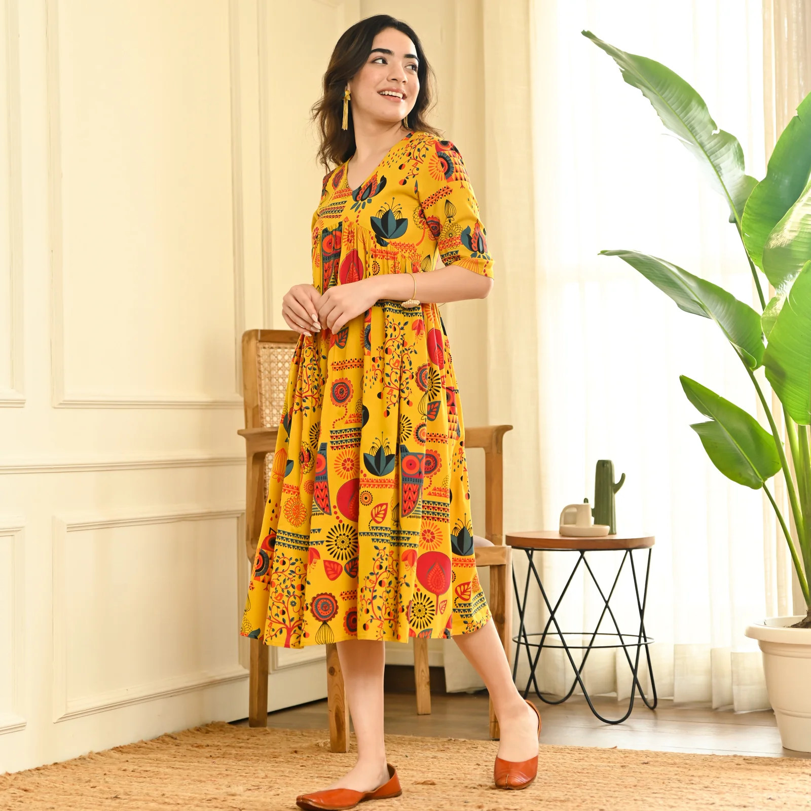 Yellow Abstract Print Flared Dress - Image 5