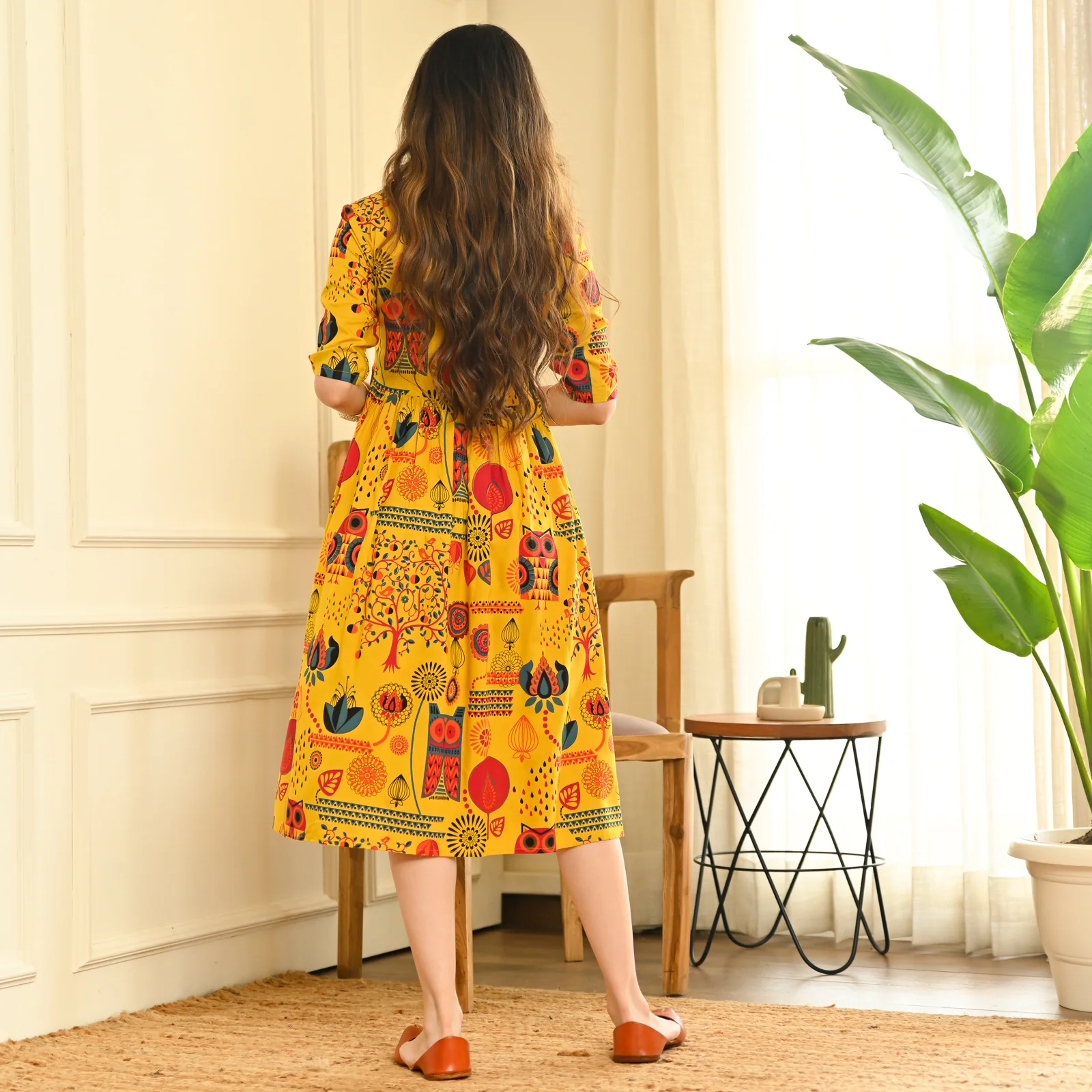 Yellow Abstract Print Flared Dress - Image 6
