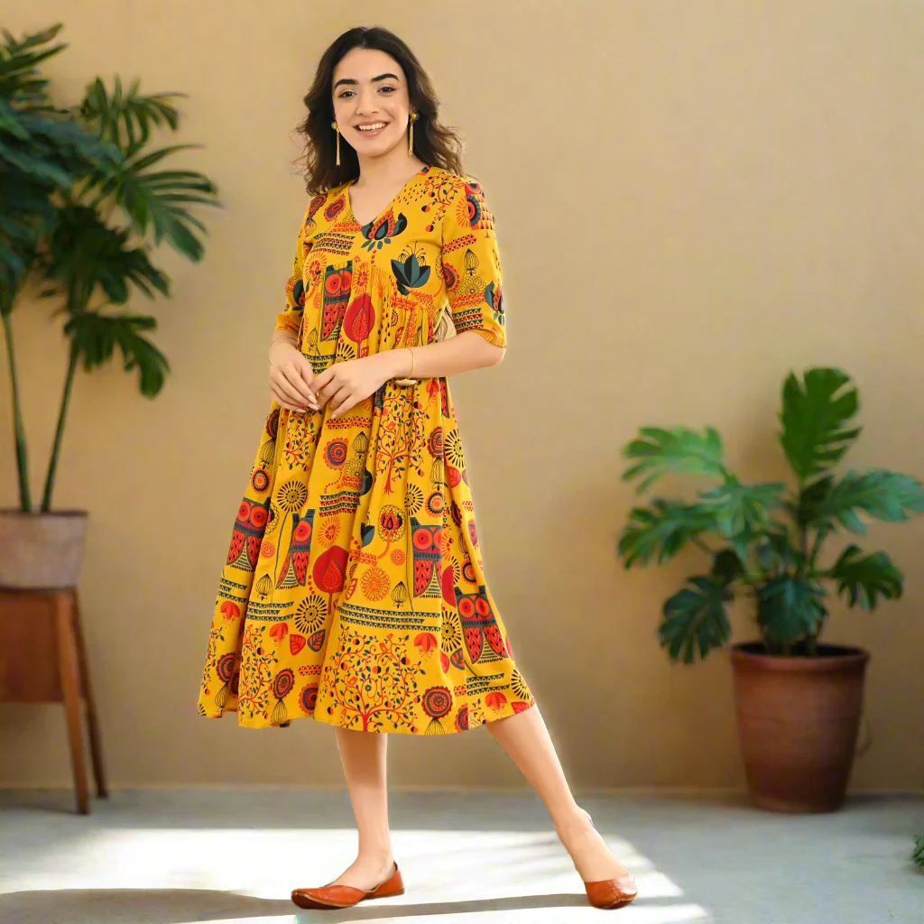 Yellow Abstract Print Flared Dress - Image 7