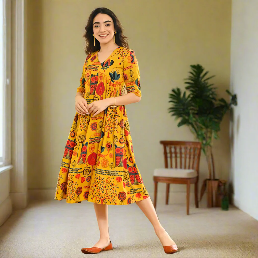 Yellow Abstract Print Flared Dress - Image 8