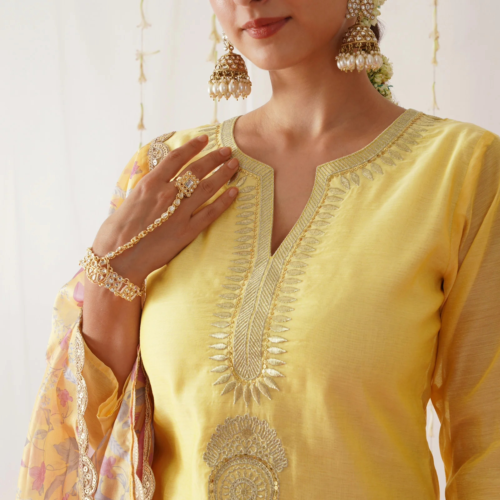 Yellow Embroidered Chanderi Kurta Pant Dupatta Set for Women with Gota Details - Image 3