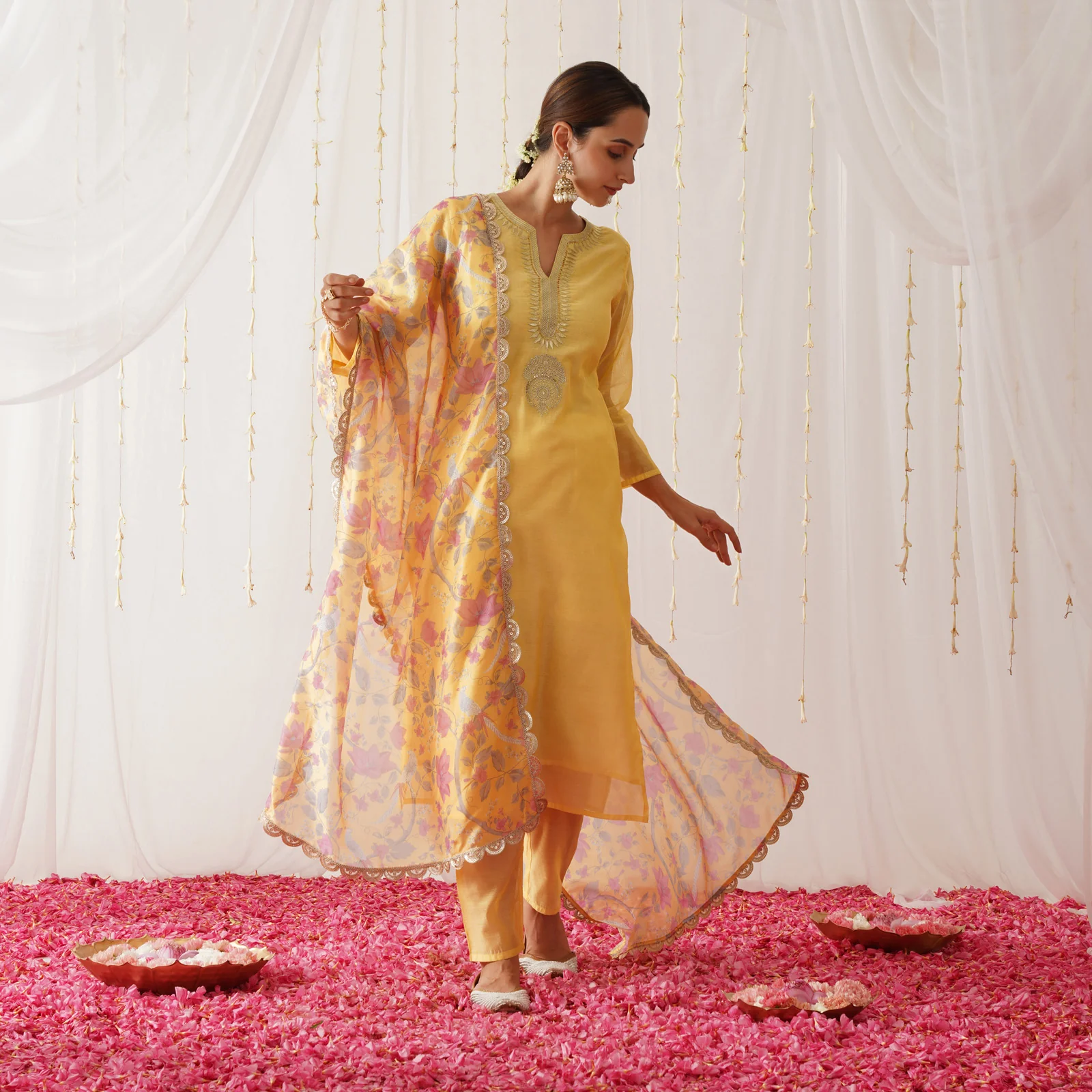 Yellow Embroidered Chanderi Kurta Pant Dupatta Set for Women with Gota Details - Image 4