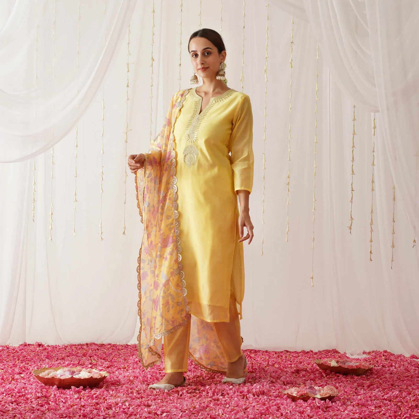 Yellow Embroidered Chanderi Kurta Pant Dupatta Set for Women with Gota Details - Image 5