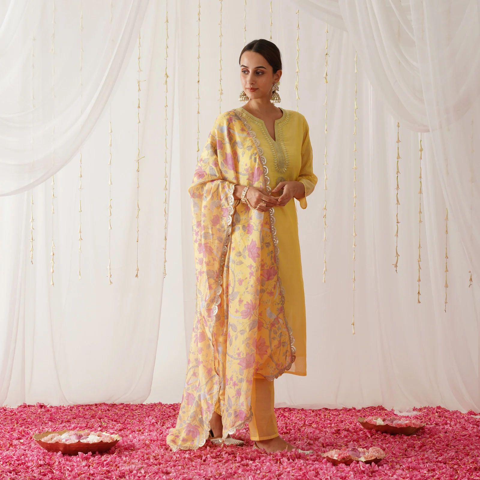 Yellow Embroidered Chanderi Kurta Pant Dupatta Set for Women with Gota Details - Image 6