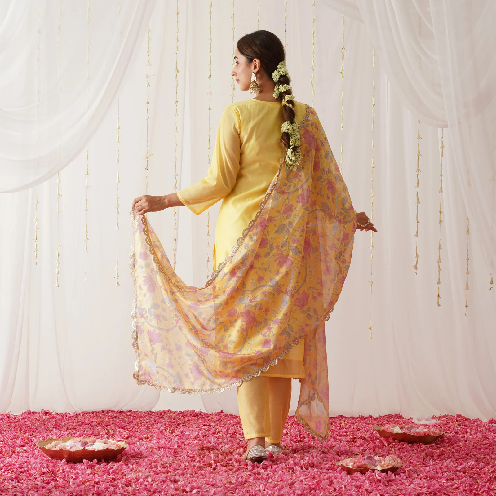 Yellow Embroidered Chanderi Kurta Pant Dupatta Set for Women with Gota Details - Image 7